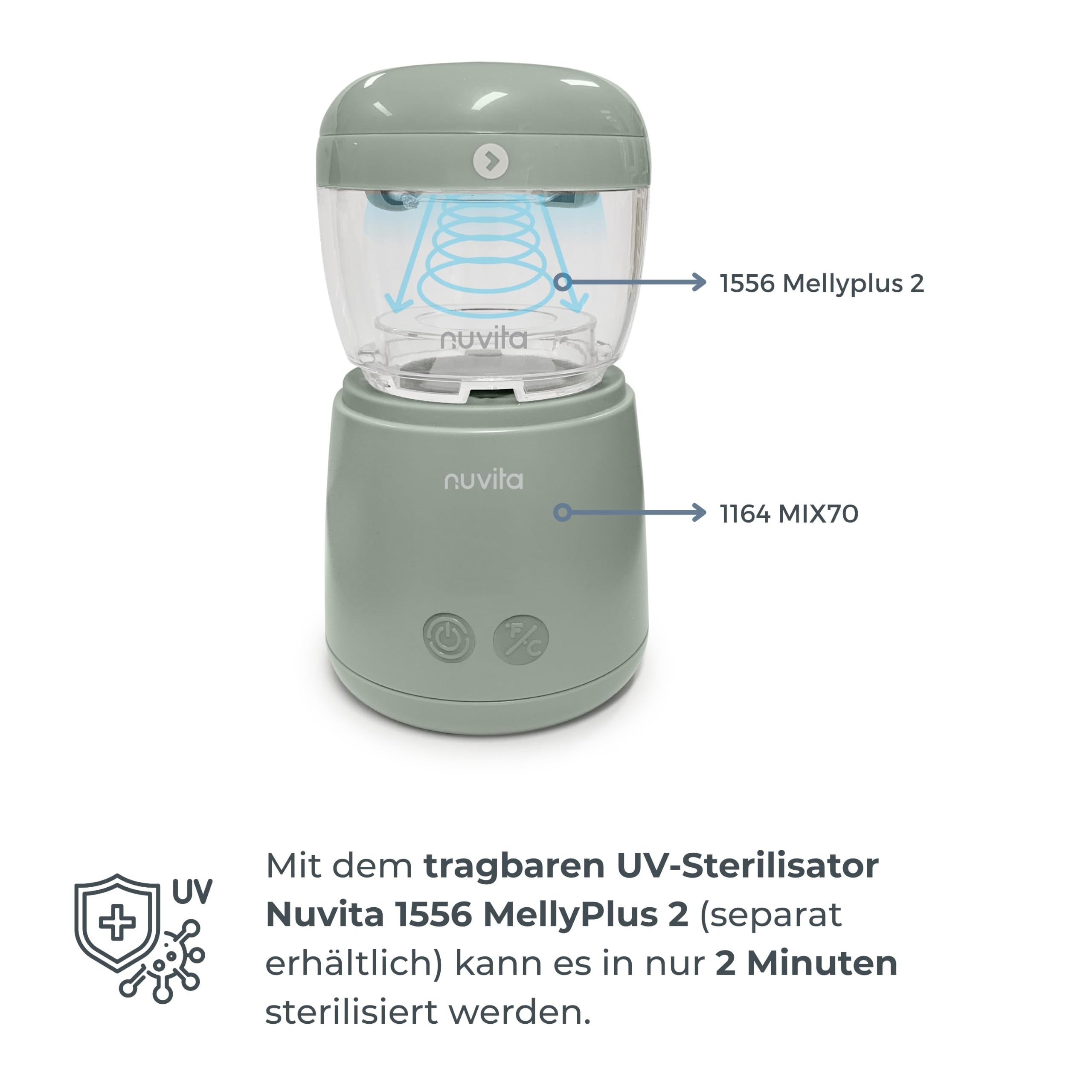 Nuvita 1164 Mix70 Tragbarer Flaschenwärmer mit Mischfunktion, 5 Temperaturen bis 70°C, Universal mit 6 Adaptern inklusive, Wiederaufladbarer Akku, LED-Display, BPA-frei
