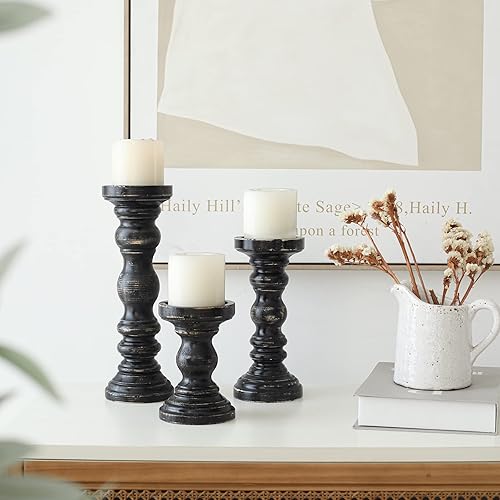 Miniatura 6 de SWALLOWLIVING Juego de 3 Portavelas de pilar de madera estilo rústico granjero para candelabro, Negro