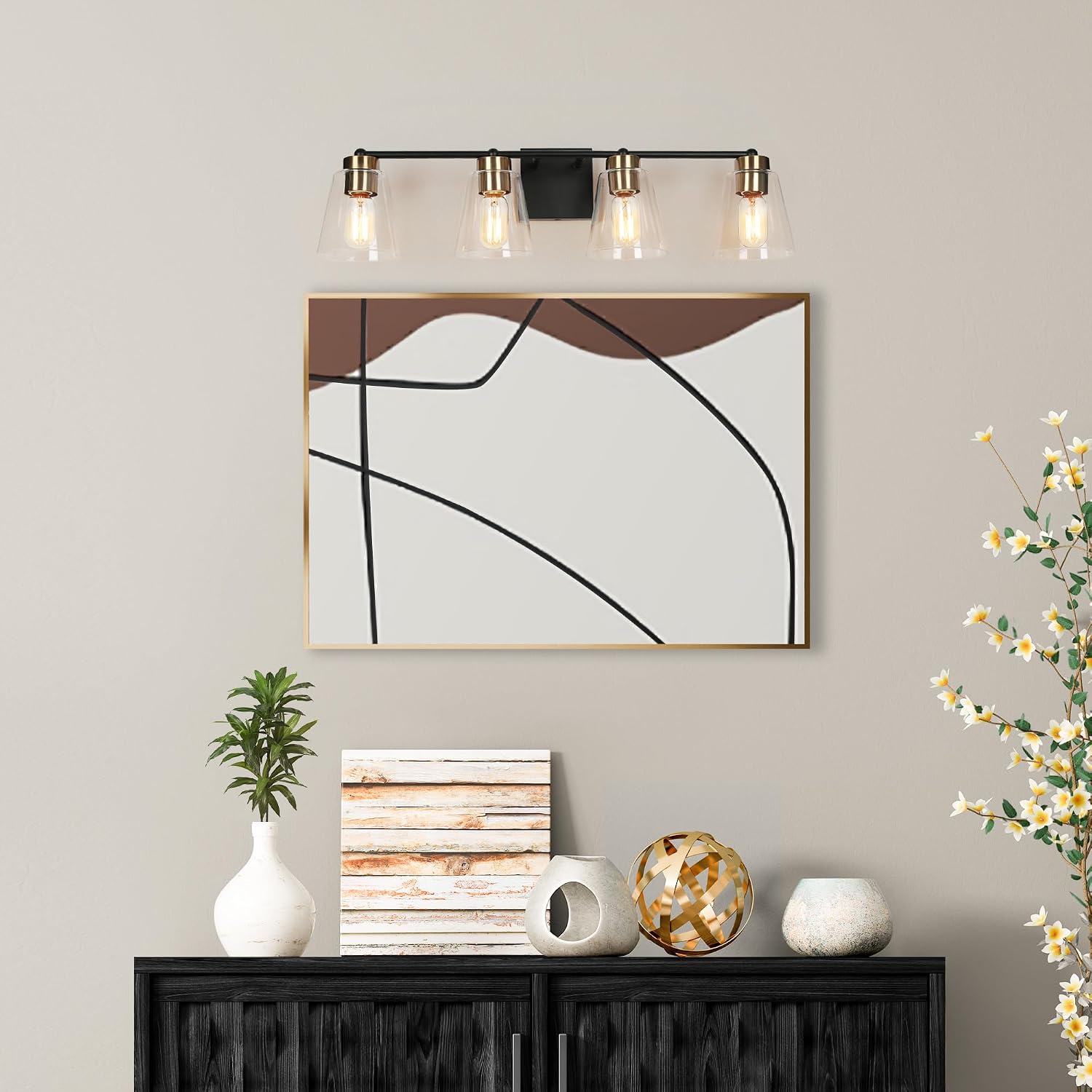 Mid-Century Modern Vanity Lights, 4 Light Large Bathroom Lighting Fixtures Black & Electroplated Gold Bathroom Vanity Light Over Mirror, Clear Cone Glass Shade