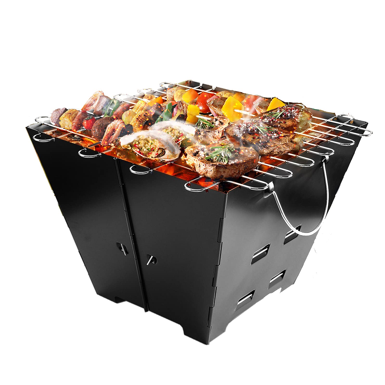 Składany grill, przenośny grill na węgiel drzewny, grill ze stali nierdzewnej dla palaczy, trapezowe palenisko na zewnątrz, 32,5 x 24,5 x 31 cm, na imprezę piknikową w ogrodzie