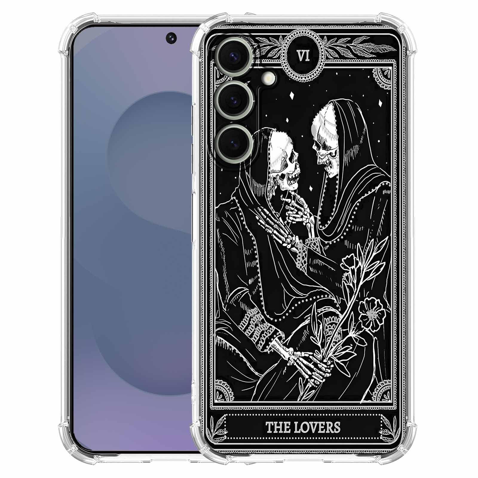 AOSSXIN The Lovers Tarot Card Case for Samsung Galaxy S25,Trippy Hippie Black Skull Pattern,Soft TPU Protective Cover Case Compatible with Galaxy S25