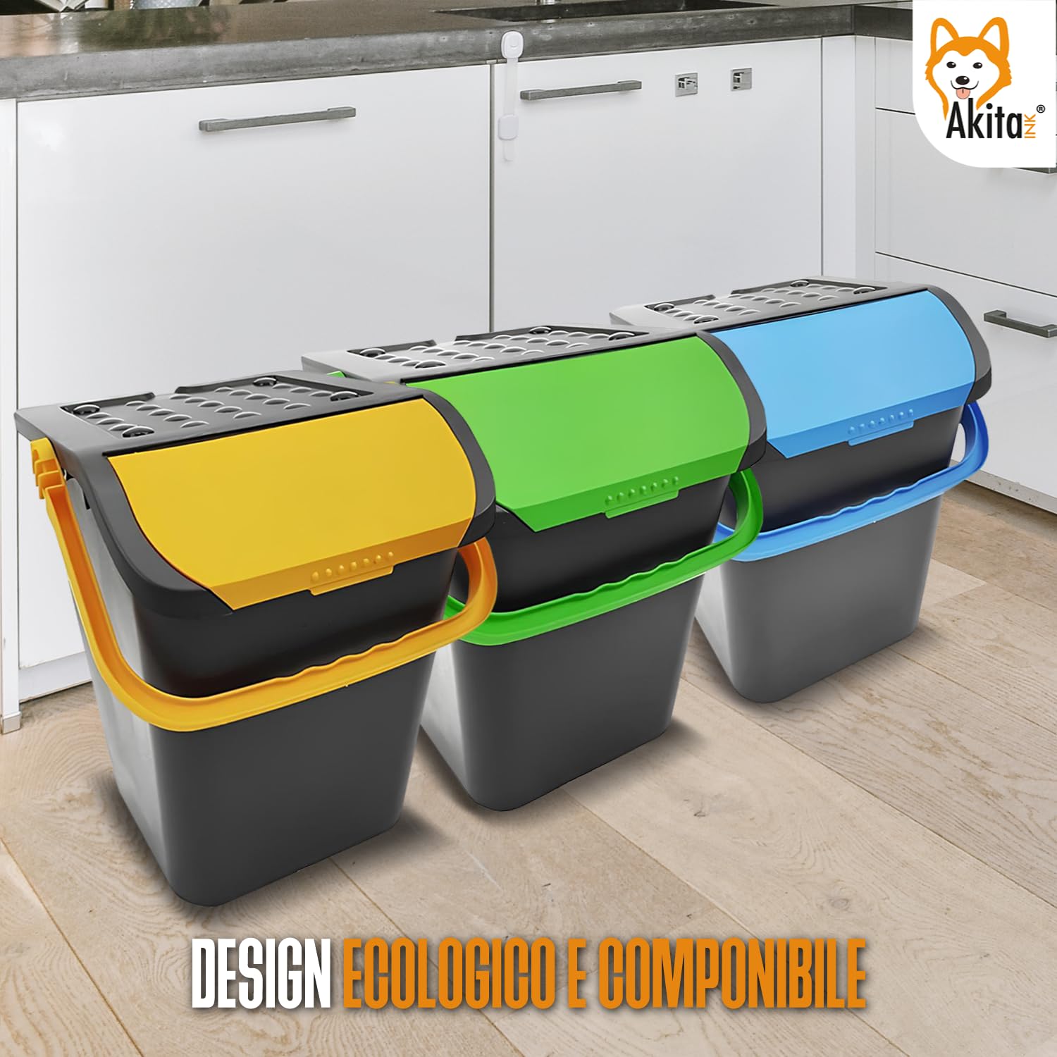 AKITAInk - Set 3 Pattumiere da 35 Litri Differenziate AKIPATPOP3 Cestini e Bidoni Componibili per Interni ed Esterni con Manici Resistenti, Impilabili e Design Ecologic Made in Italy