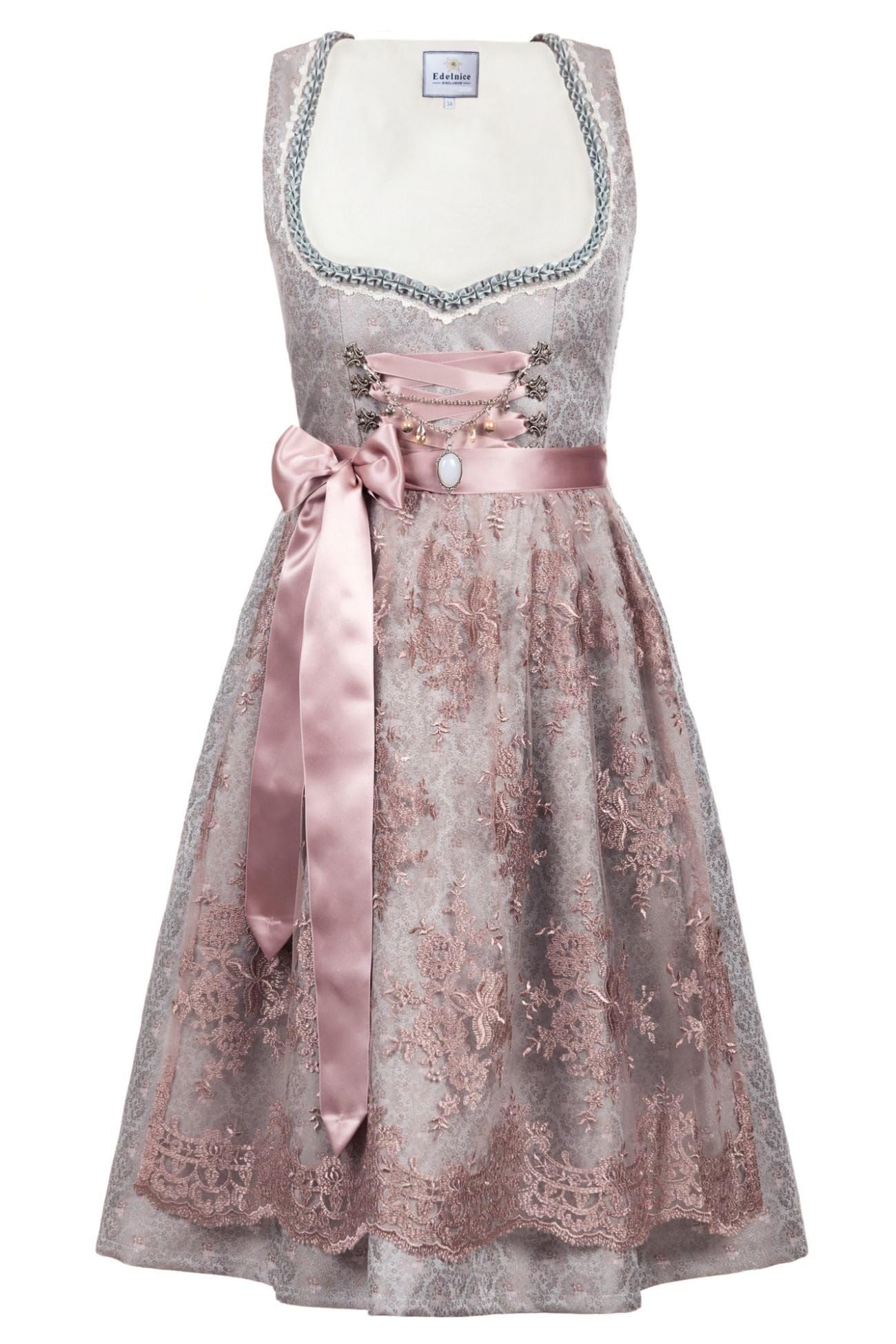 Edelnice Trachtenmode Exklusives Designer Midi Dirndl Aurelie inkl. Spitzendirndlschürze und Charivari 42 Grau Ros