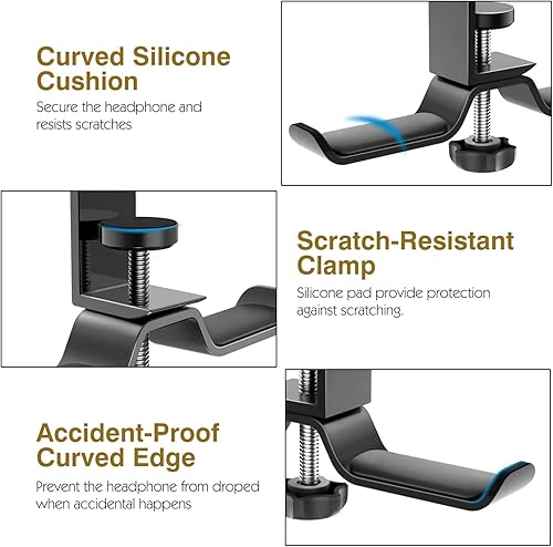 Miniatura 5 de MoKo Soporte para auriculares, soporte de aluminio giratorio de 360 para auriculares debajo del escritorio, soporte para auriculares con abrazadera