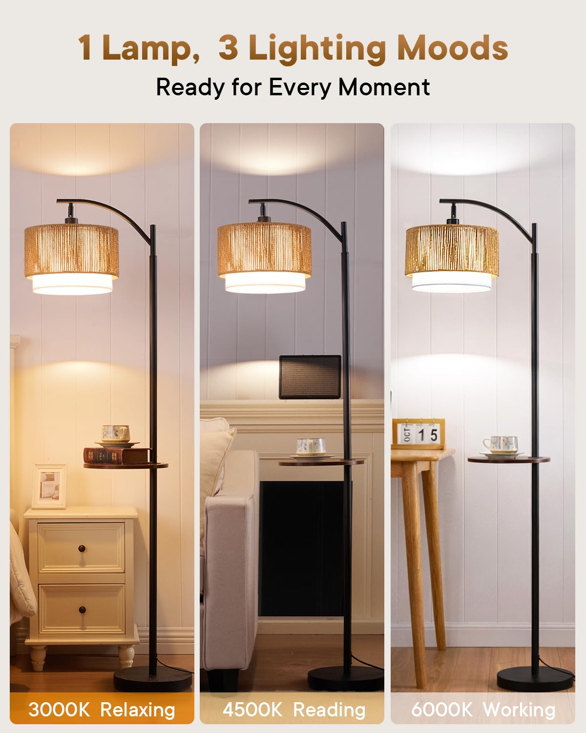 Wio-Mio Rattan Stehlampe mit Tisch für Wohnzimmer, Standlampe mit Fußschalter, Schwarze Boho Stehlampe mit doppeltem Stoffschirm, 3 Lichtfarben, Leuchtmittel inklusive