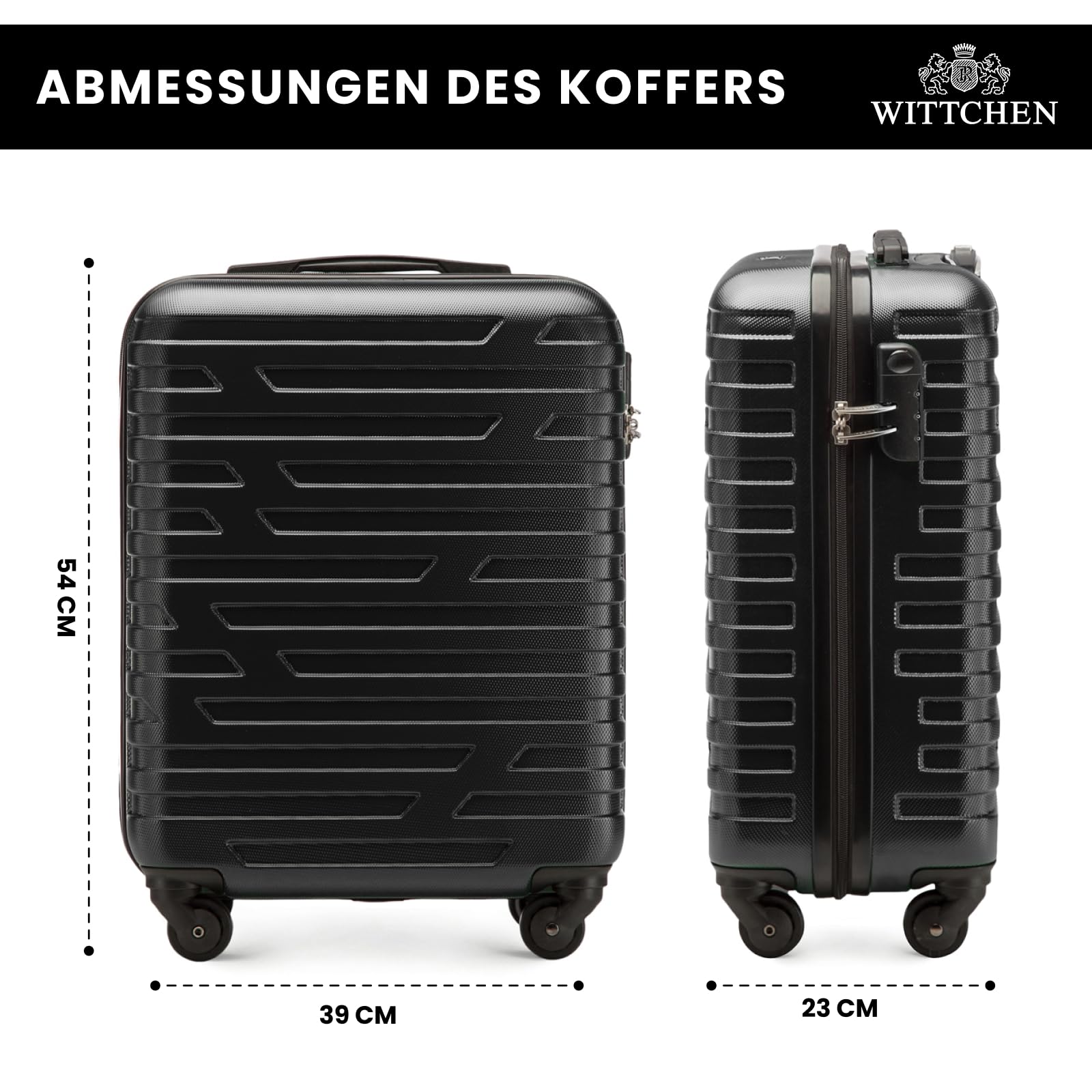 WITTCHEN A-line II Kabinengepäck Kabinenkoffer Handgepäck Rollkoffer Reisekoffer Bordkoffer Hartschale ABS Hochwertiger Stabiler Größe S Schwarz Lufthansa/Eurowings/Ryanair/Condor/Discover Airlines