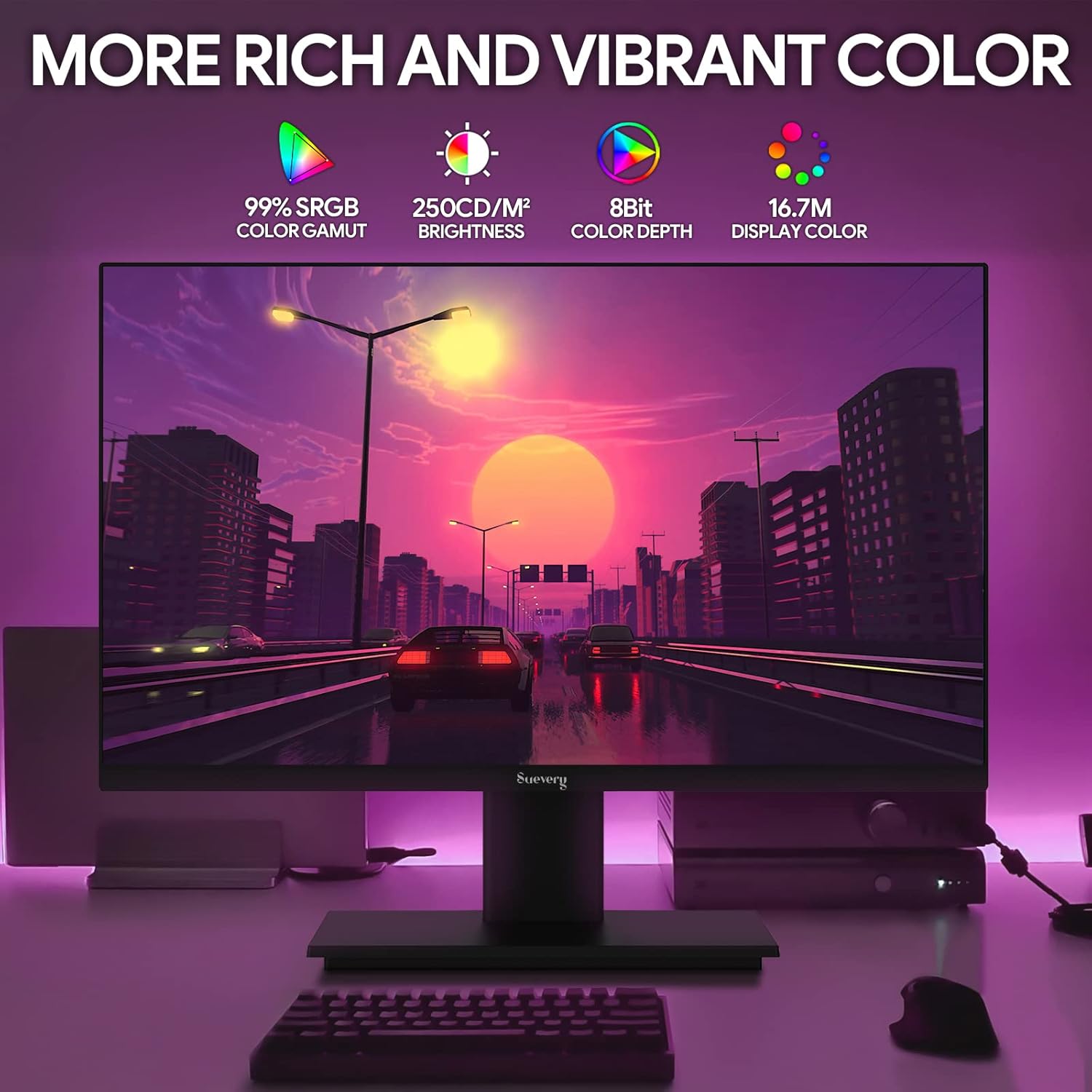 Monitor displaying vibrant colors with specifications like 99% sRGB, 250cd/m² brightness, 8-bit color depth, and 16.7M display colors.