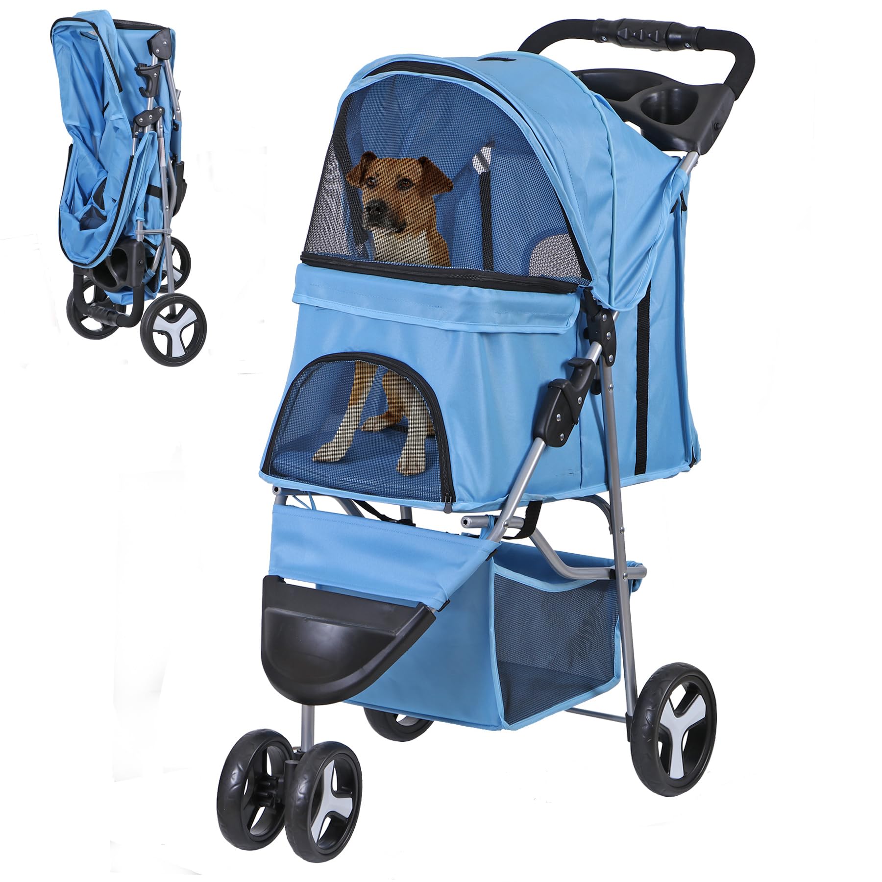 Epetlover 3 Wheels Dog Stroller Folding Pet Strolling Cart for Small Medium Cats Puppies Portable Jogger Travel Camping Puppy Carrier with Storage
