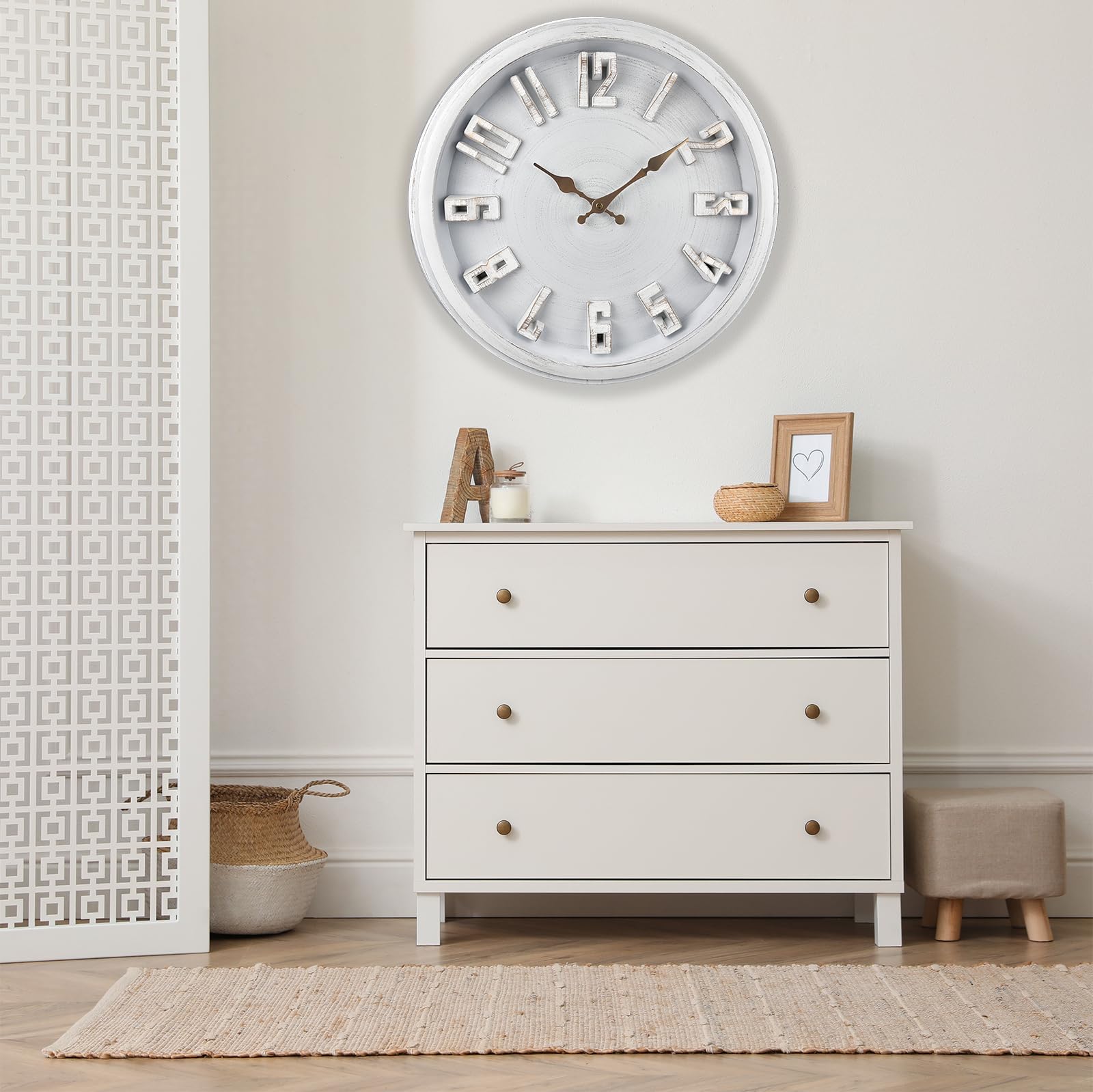 Extra Grande Reloj de Pared Vintage de 40 cm, Silencioso, Sin Tictac, Clásico, Retro, Funciona Pilas, 3D Números grandes, Fácil de Leer, Adecuado Para Sala de Estar, Dormitorio, Cocina (Blanco)