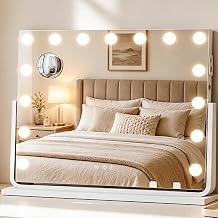 YITAHOME Makeup Mirror with 18 LEDs and Lighting, Hollywood Style with USB and Type-C Connection, 3 Adjustable Color Temperatures, 10X Magnifying Mirror and Phone Holder, 80 x 60 cm | 360° rotation, 3 adjustable light modes, Vanity mirror with 10x magnify