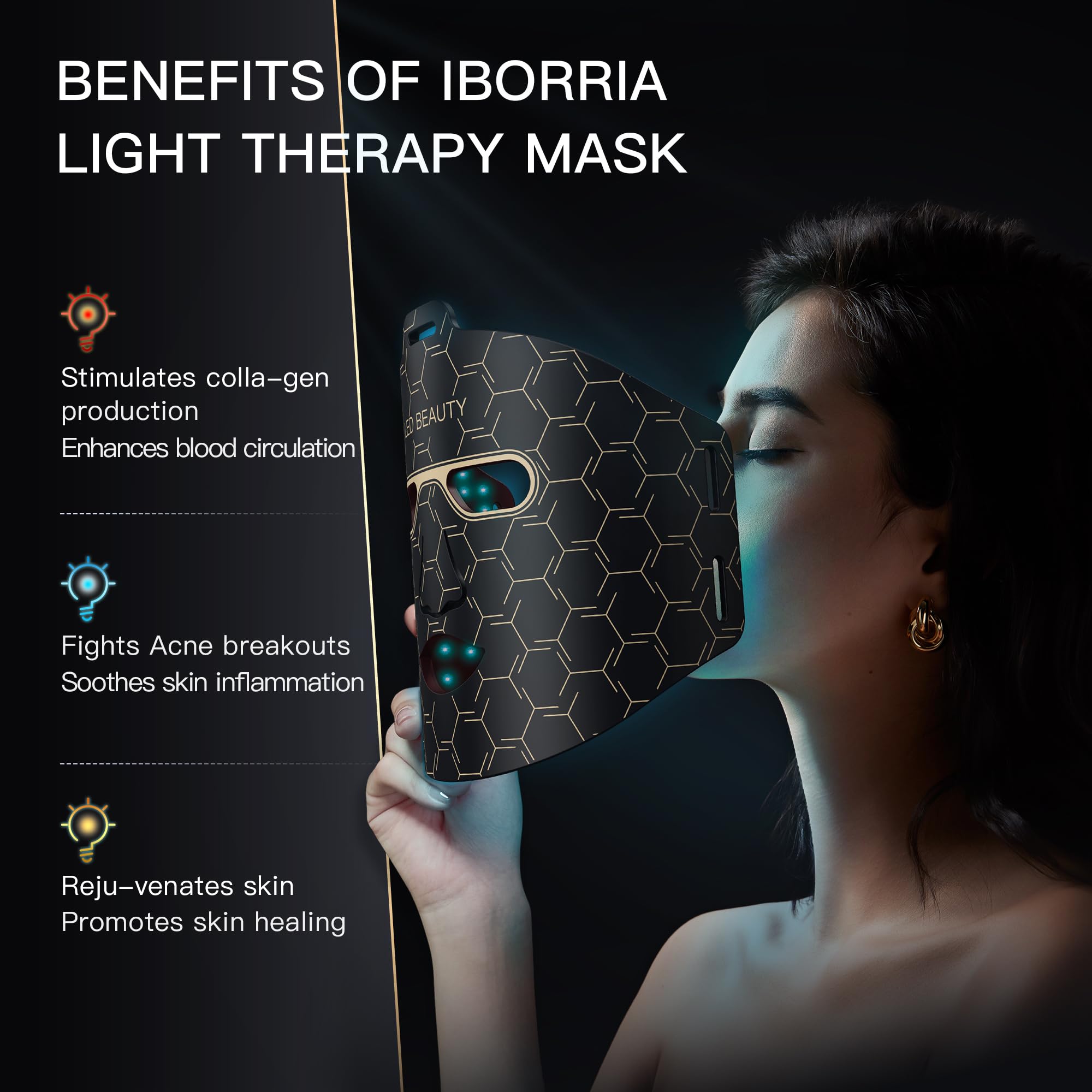 IBORRIA Maschera LED per Viso, Terapia della Luce con 3 Colori nel Vicino Infrarosso, LED Face Mask con Silicone Flessibile, Terapia con Luce Rossa a Casa per Tutti i Tipi di Pelle (Nero Classico)