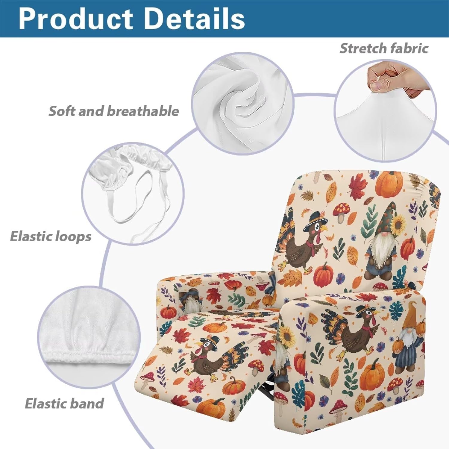 FOR U DESIGNS Cute Turkey Recliner Slipcover with Elastic Loops for Reclining Chairs Stretch Sofa Cover Easy Install Washable Living Room Furniture Protector