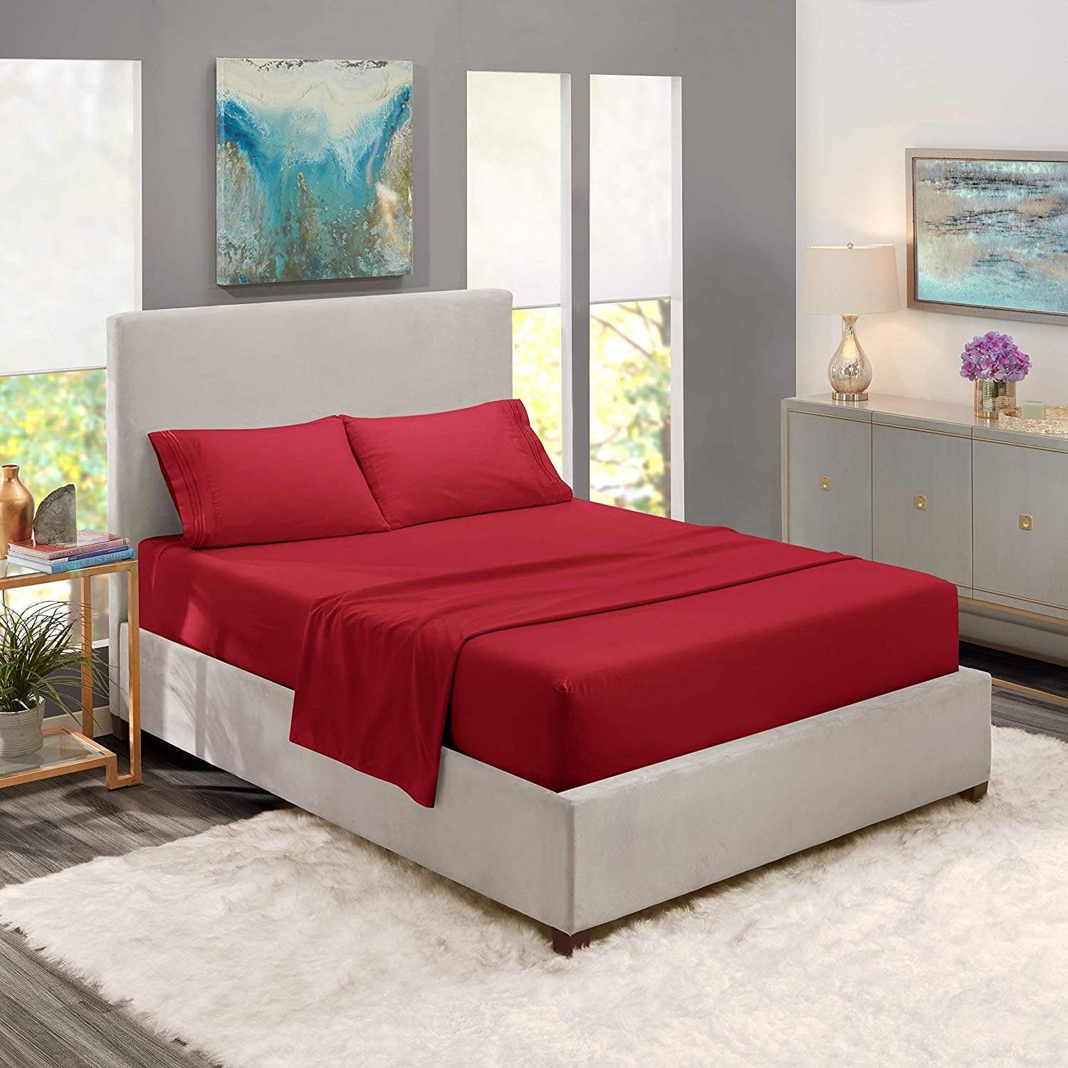 Anili Mili 1800 Collection 6-Piece Bed Sheet Set with Bonus Pillowcases, Queen, Burgundy Red