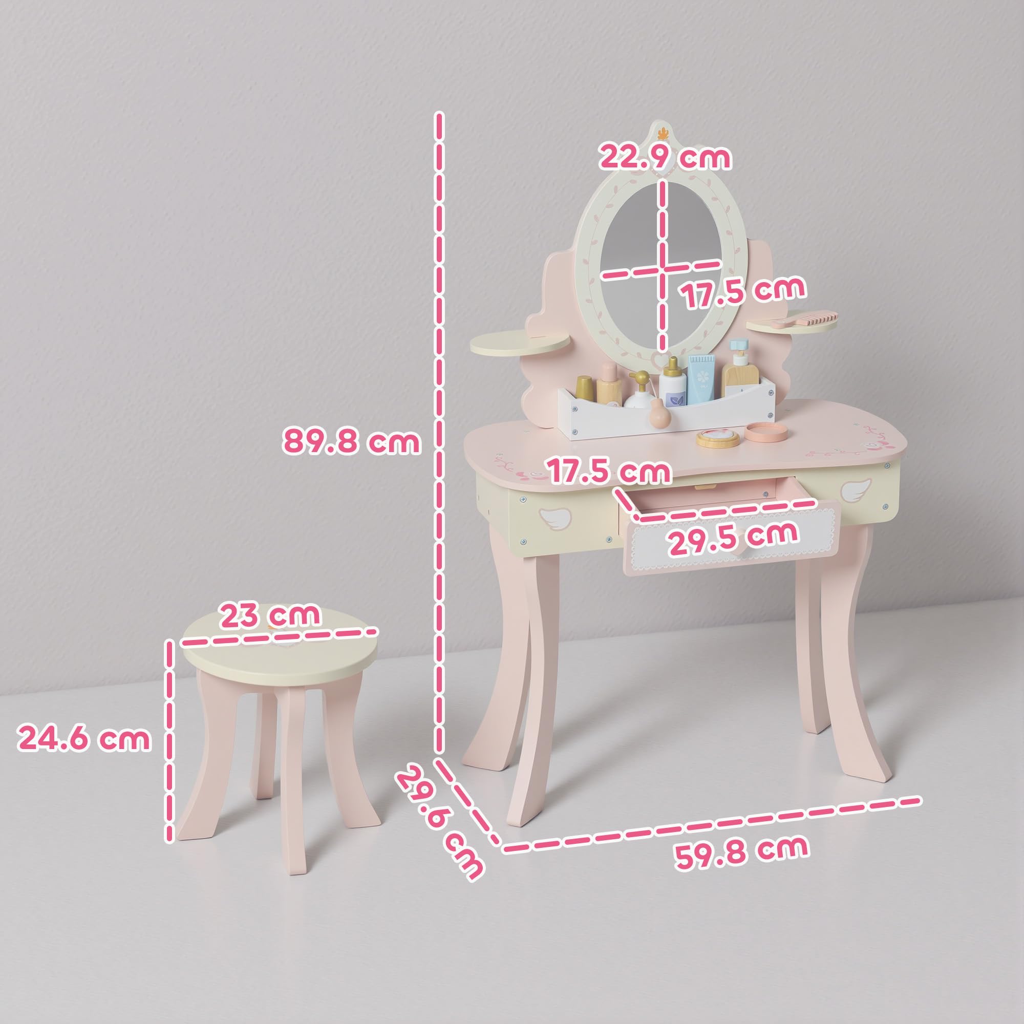 AIYAPLAY Set Toeletta con Specchio e Sgabello in Legno per Bambini, Tavolo da Trucco 2 in 1 Convertibile in Scrivania, 7 Accessori Inclusi, Rosa