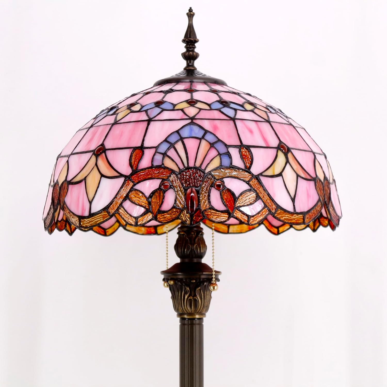 WERFACTORY Tiffany Floor Lamp Pink Baroque Stained Glass Standing Reading Light 16X16X64 Inches Antique Pole Corner Lamp Decor Bedroom Living Room Home Office S003P Series