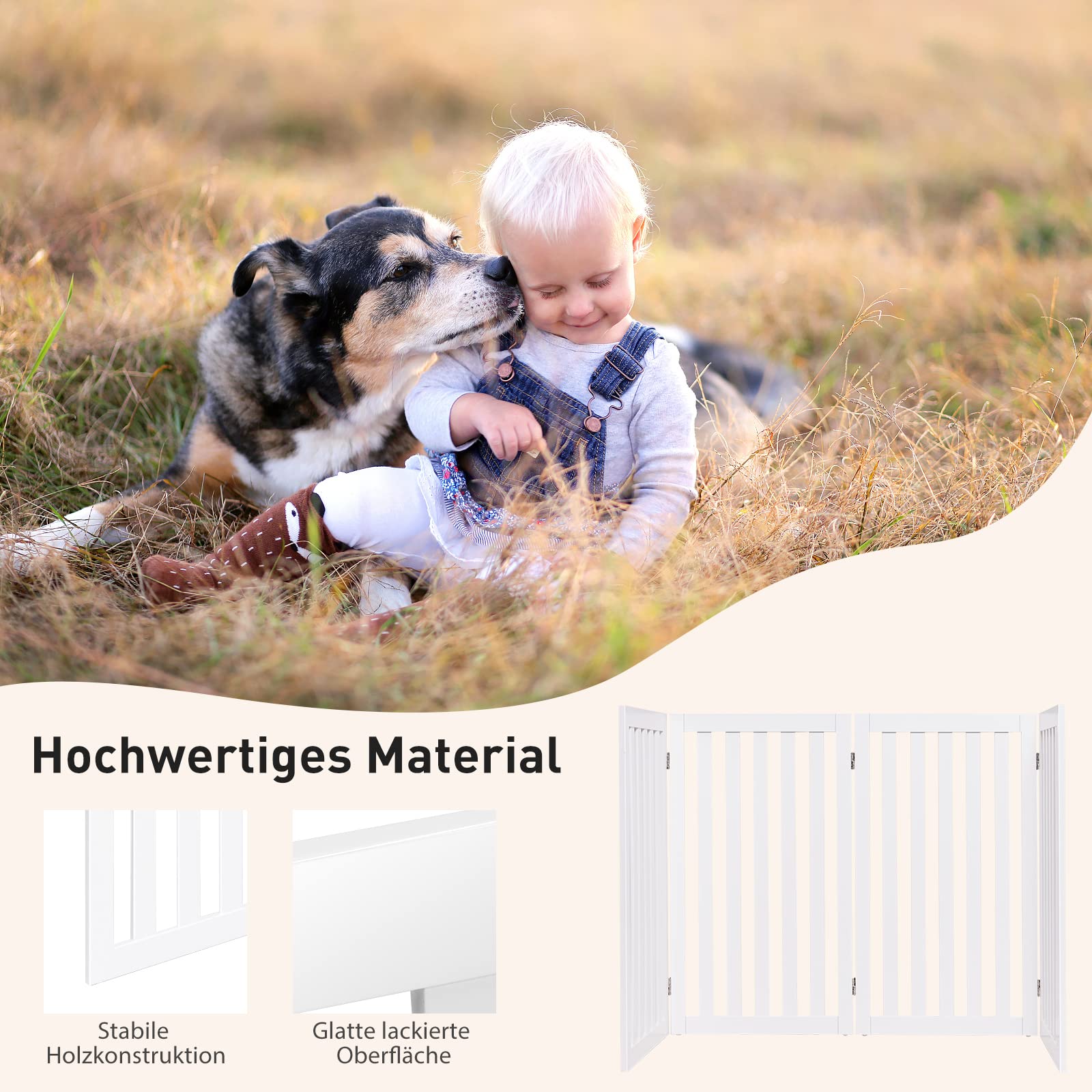 COSTWAY Absperrgitter Hunde 89cm Hoch, 4 Paneelen Schutzgitter Holz, Kindergitter klappbar, Treppengitter Hundeabsperrgitter flexibel Türschutzgitter (Weiß)