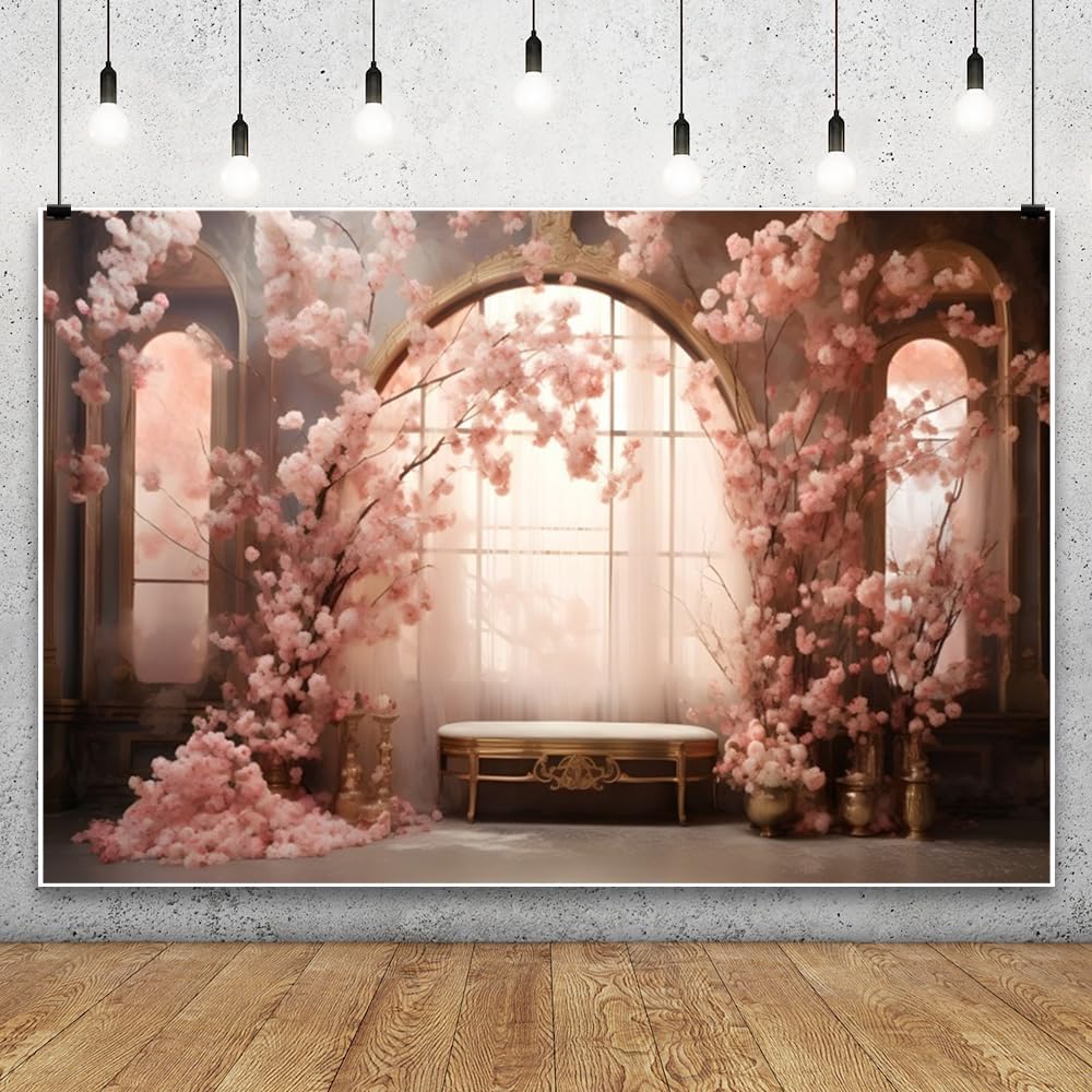 Leowefowa 10x8ft Romantic Interior Pink Flowers Backdrop Vintage European Living Room Window Cherry Blossom Photography Background Wedding Birthday Bridal Shower Party Decorations Photo Studio Props