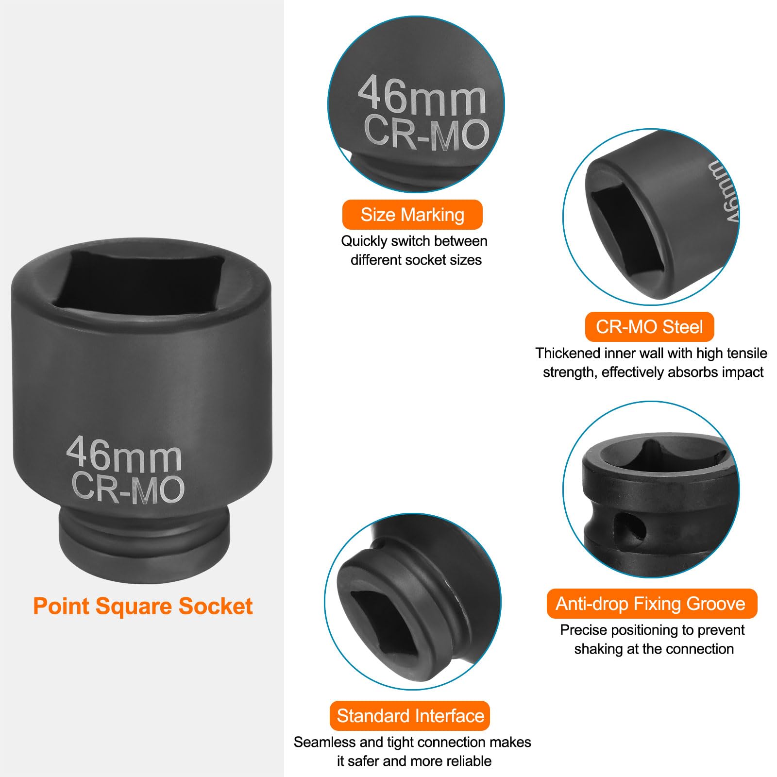 sourcing map 2 llaves de vaso cuadradas de 4 puntos de 1 pulgada de 46 mm de impacto cuadrado métrico CR-MO ennegrecimiento estándar de manga de rueda para reparación de automóviles, mantenimiento