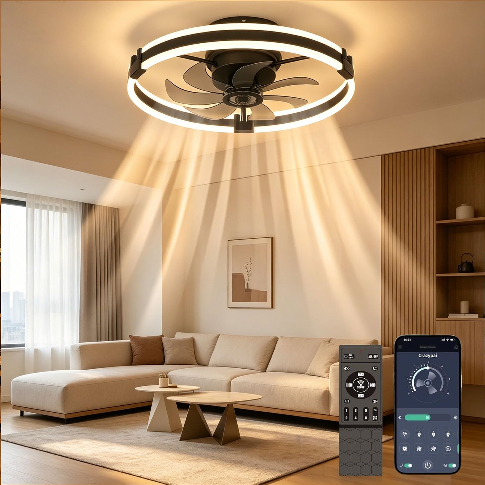 ASJK Plafonnier ventilateur LED 50 cm avec télécommande, 60 W 6000 lm, 6 vitesses, éclairage réglable, minuterie 2 h et rotation réversible, noir
