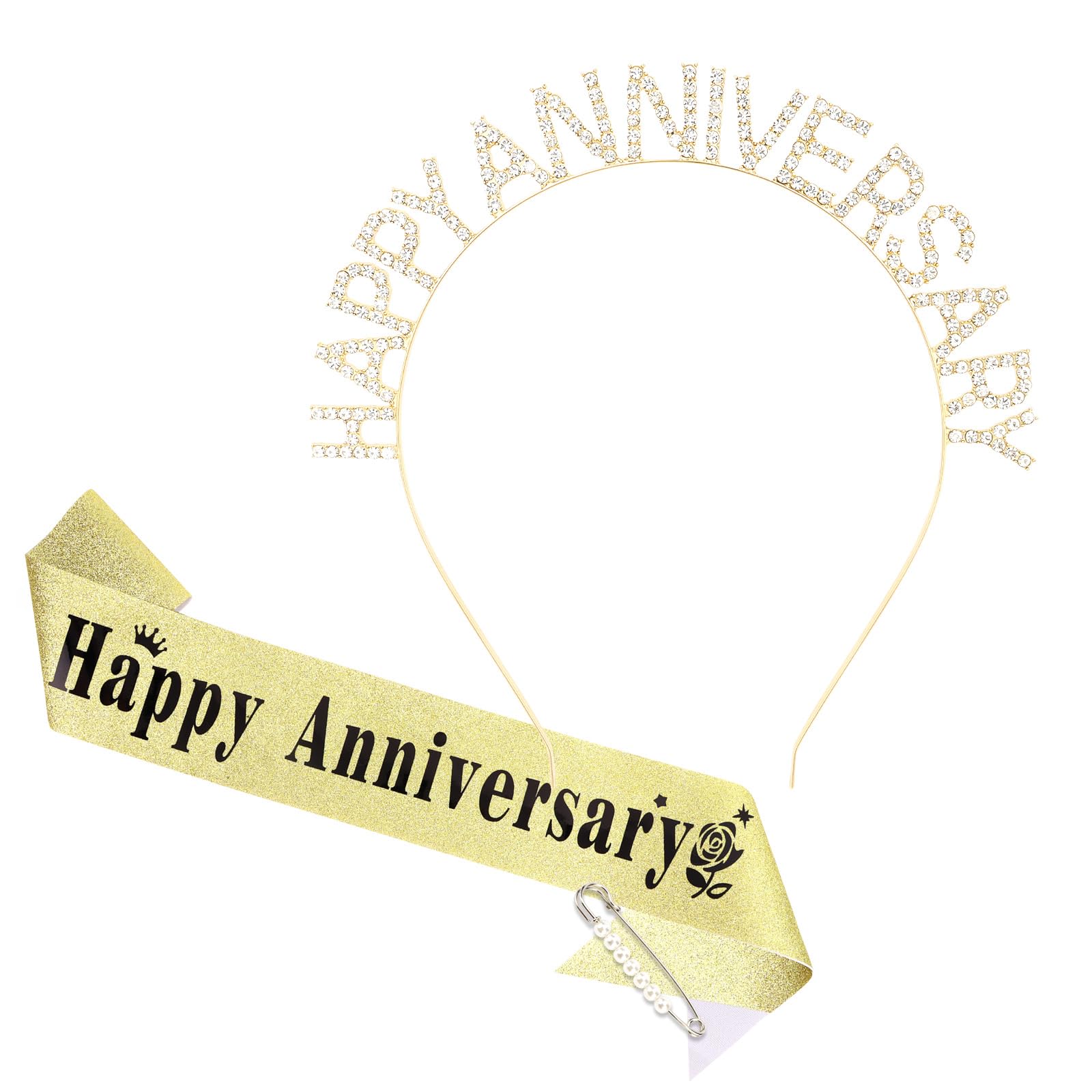 YARIEW Gold Happy Anniversary Headband and Sash for Women and Girls, Rhinestone Headband and Gold Sash Decorations Gifts for Women