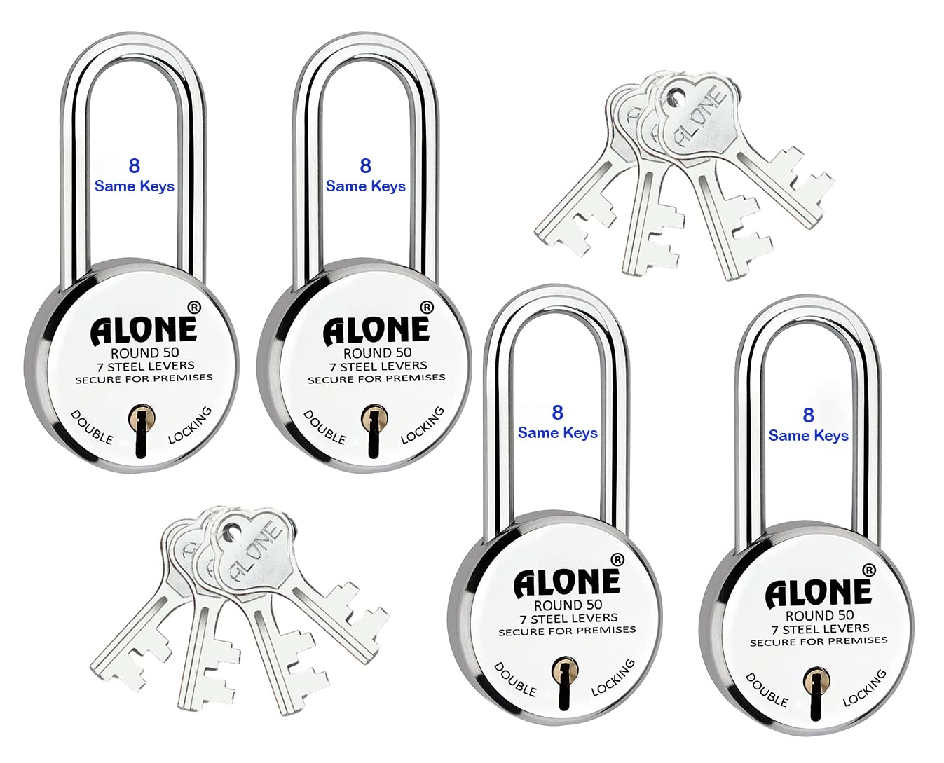 FITHOME Lock and Key 50mm Same Key | 8 Common Keys with 4 Padlocks Long Shackle Double Locking Lock for Home Door Main Gate Shop Shutter Chrome Finish (Pack of 4)
