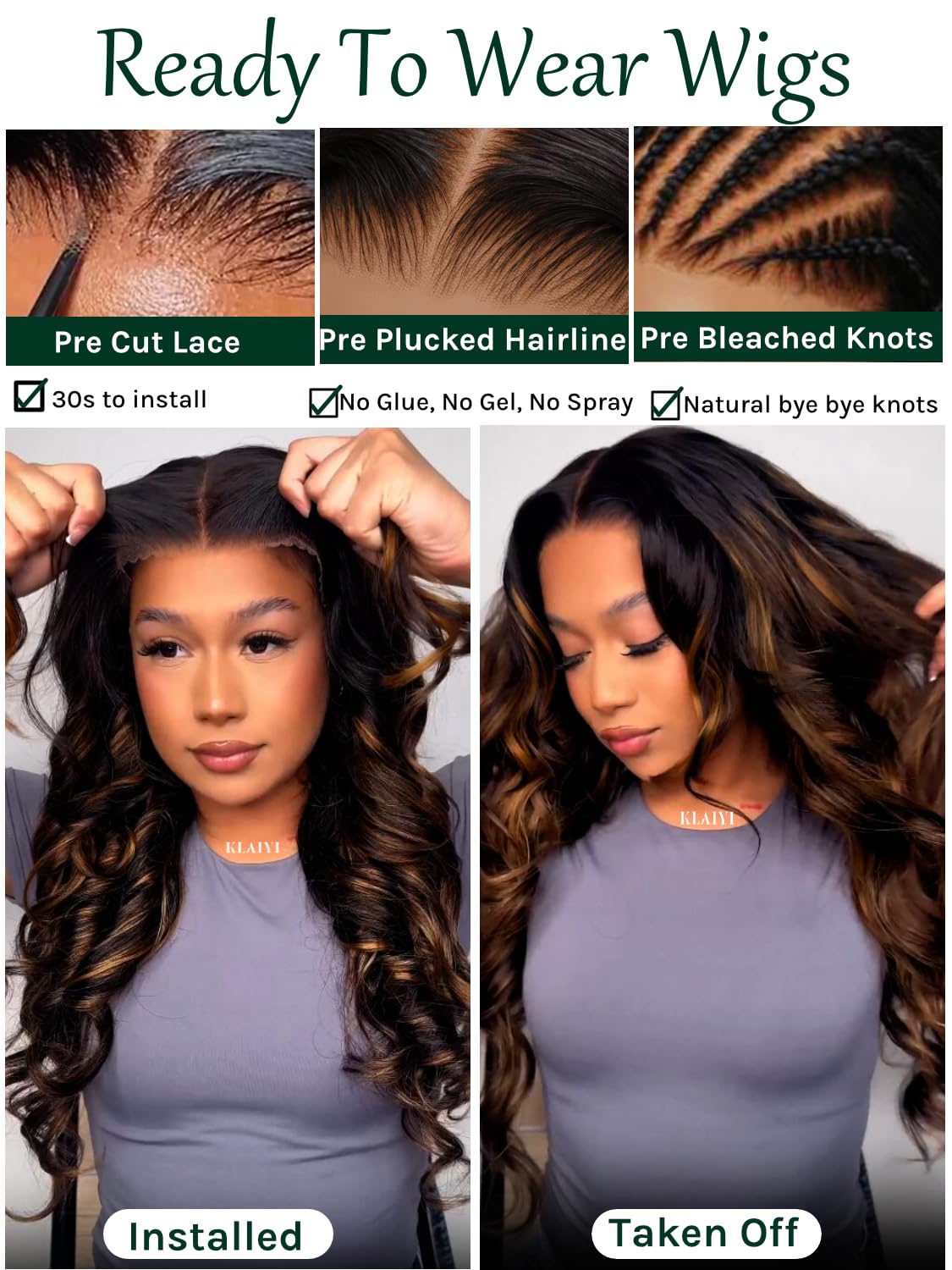 KLAIYI Bye Bye Slip™ Ombre Balayage Brown Loose Body Wave 7X5 Pre Cut Lace Front Human Hair Wig Drawstring Glueless Highlight Pre Plucked Bleached Knots Wig with Face Framing Bangs 180% Density 24Inch