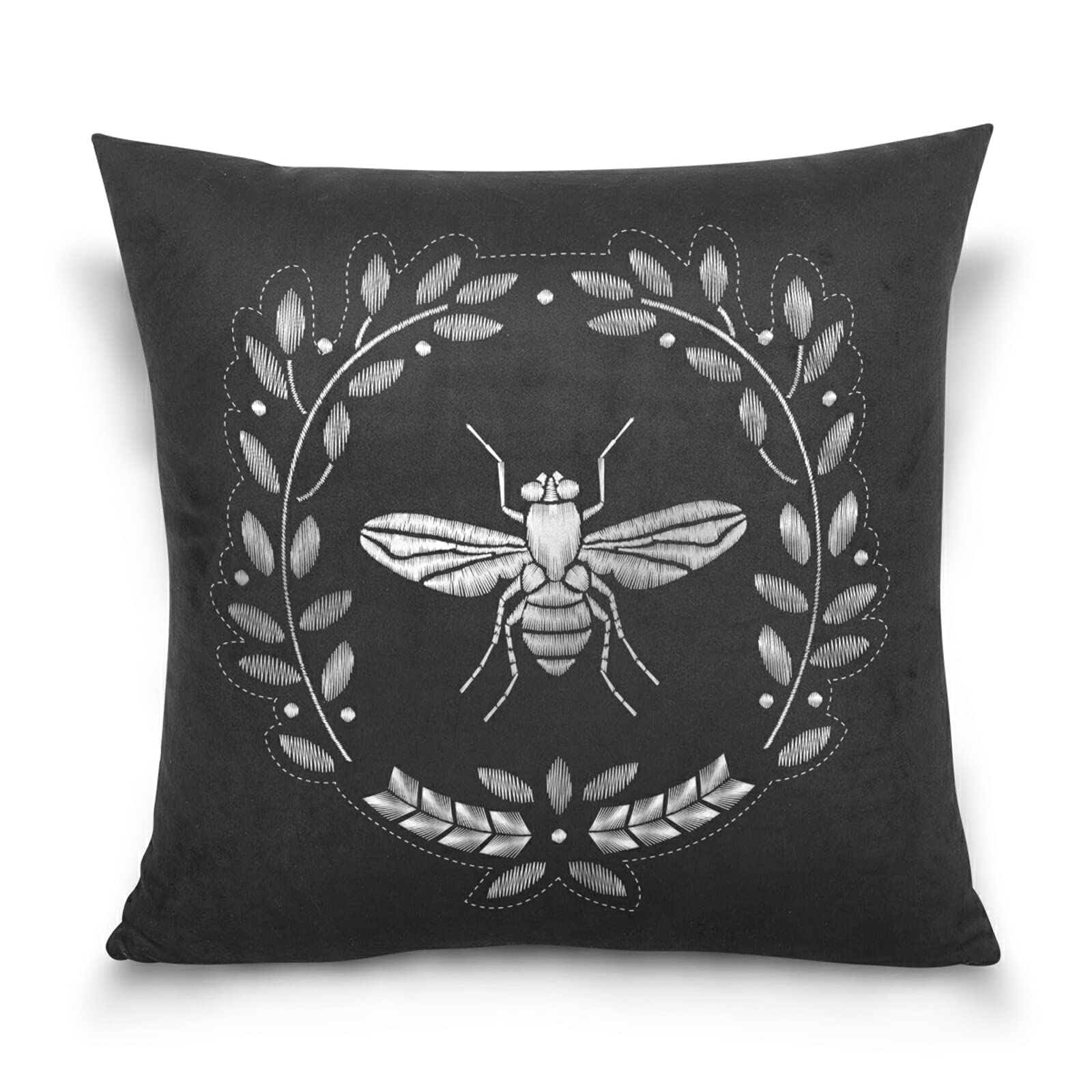 Poeticcity Multi 19 Embroidery Heraldry With Silver White Bee Golden Bee On Black Dark Cotton Velvet Throw Pillow, Soft Breathable Bed Pillows, Pillowcase Sham Cushion Covers Twin Sides For Car Couch Bed 16X16 Inches