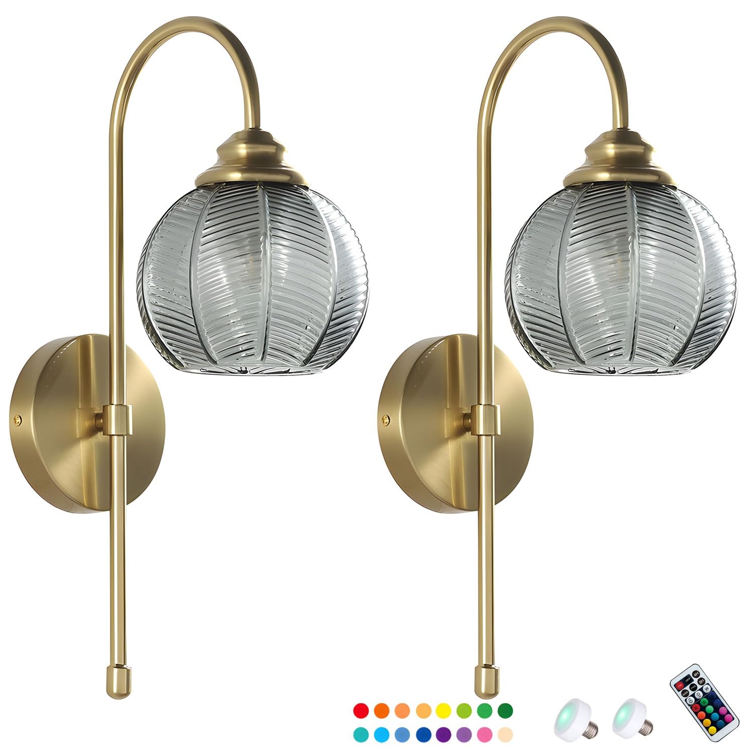 FZQSXAZU Battery Operated Wall Sconces Set of 2 Modern s Lamps Antique Brass Retro Lighting for Bedroom & Bathroom Cordless Vani Fixtures (Smoked-2 Colorful)