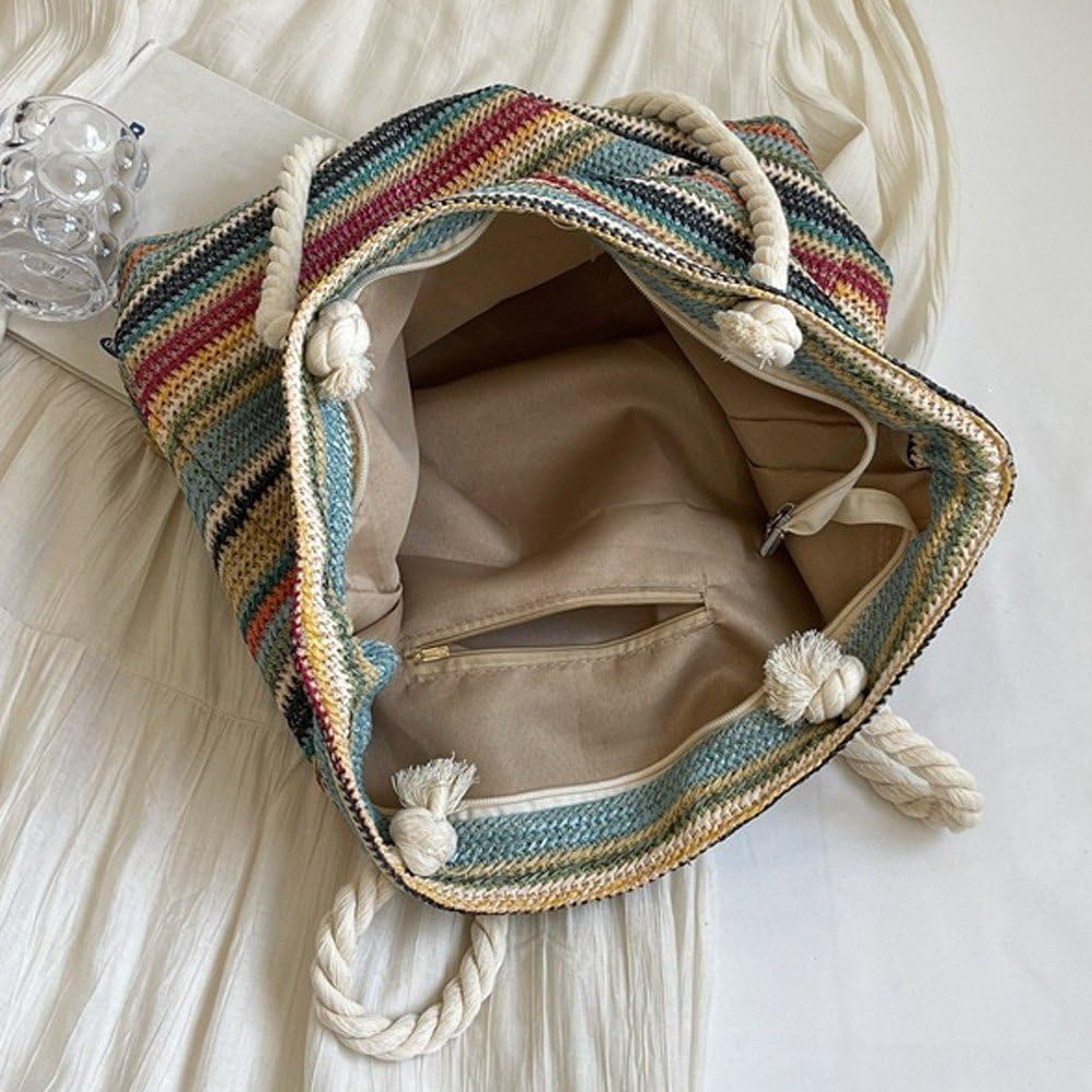 De Plage D'été pour Femme, Cabas en Paille Rayée Colorée, À Main Tissé pour Les Vacances