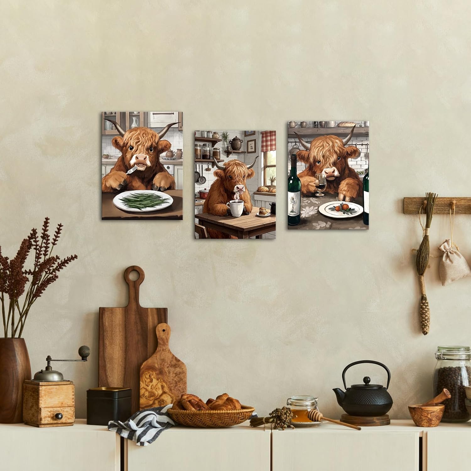 NutArtPic Kitchen Wall Art Highland Cow Picture Prints Funny Animal Dining Room Canvas Brown Kitchen Wall Decor 12''x16''x3