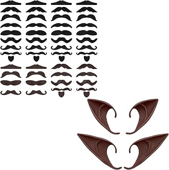 2 Pairs Cosplay Brown Elf Ears and 54 Pcs Realistic Stick on Fake Mustaches - Variety of Styles for Costume Parties, Cosplay, Halloween, Christmas - Ideal Gift for Everyone