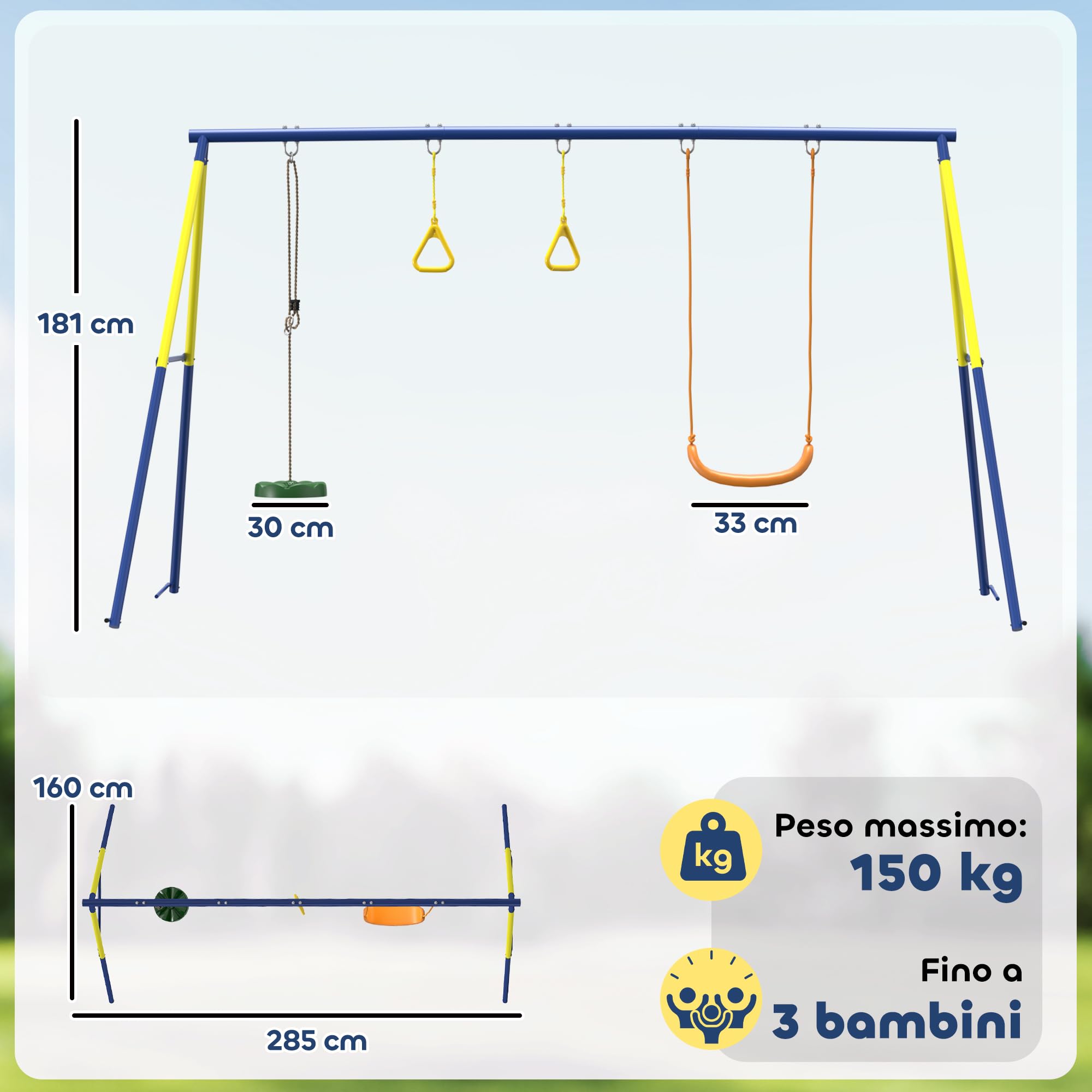 AIYAPLAY Set Altalena da Giardino 3 in 1 per Bambini con Altalena in Piedi, Anelli da Ginnastica, Telaio A in Acciaio, Altalene Doppie per Bambini, Capacità 150kg, Esterno, 3-8 Anni, 285x160x181 cm