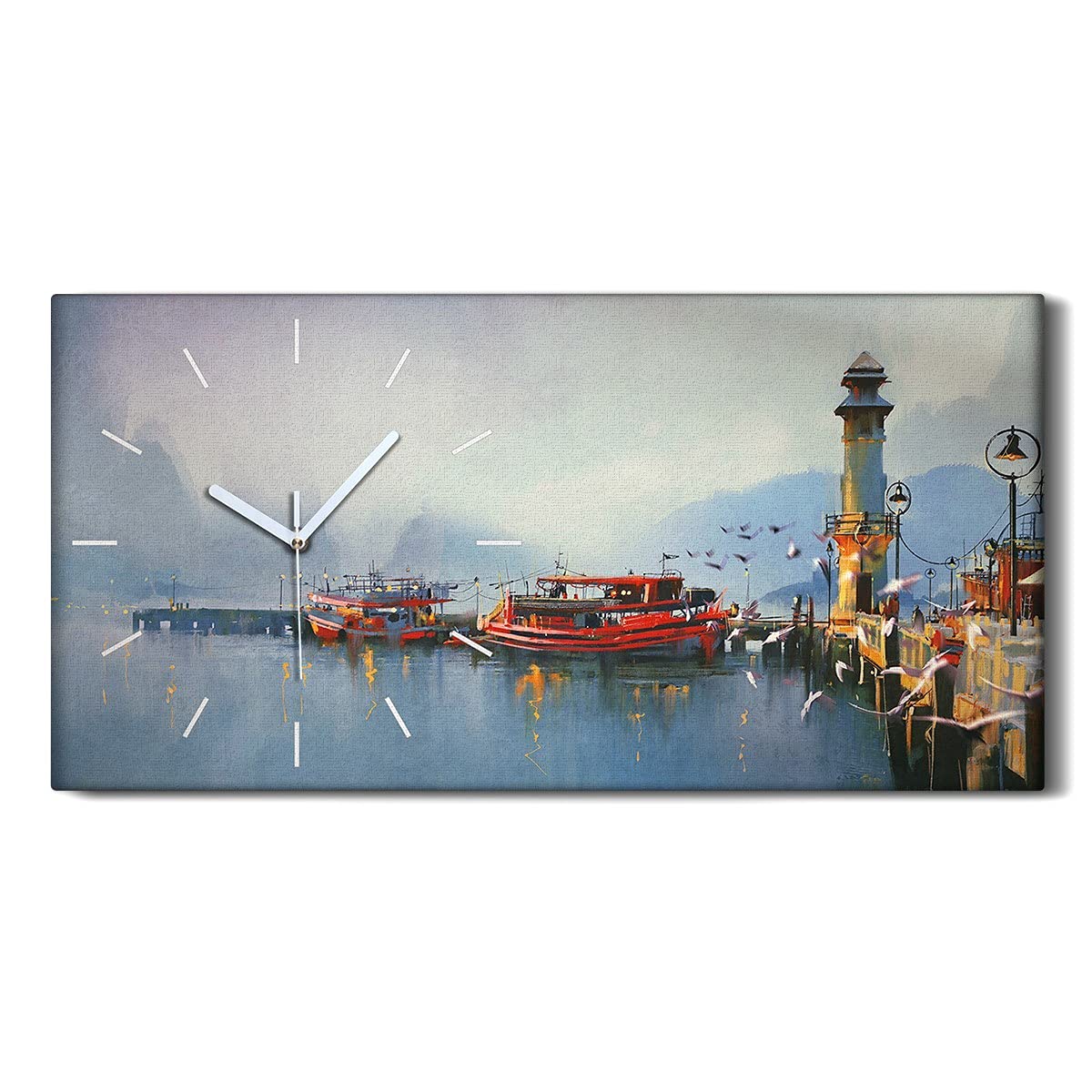 Horloge sur Toile Port de Pêche Aquarelle 60x30cm Décoration Murale Chic