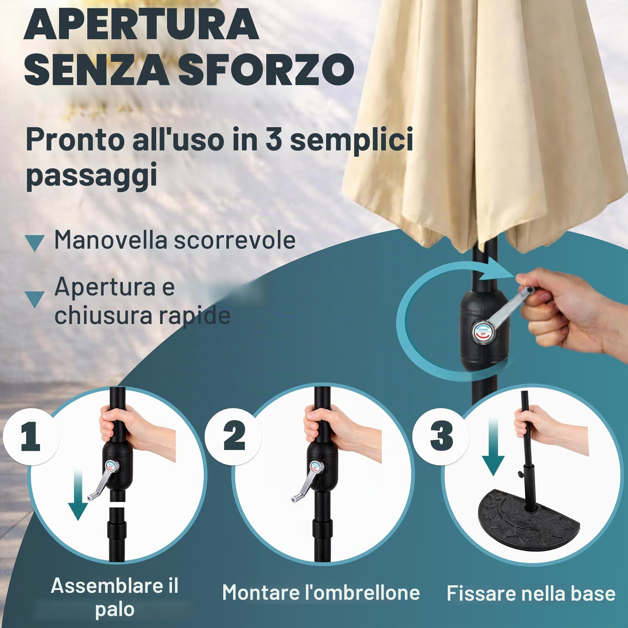Kingsleeve Ombrellone Mezzaluna a Parete Muro Ø2,7m x 2,3m H manovella UV40+ Idrorepellente Giardino Balcone terrazza Crema