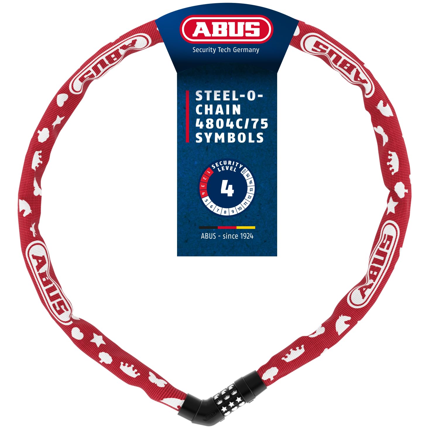 ABUS Kettenschloss Steel-O-Chain 4804C Symbols – Zahlenschloss für Kinderfahrräder – ABUS-Sicherheitslevel 3 – 75 cm – Rot