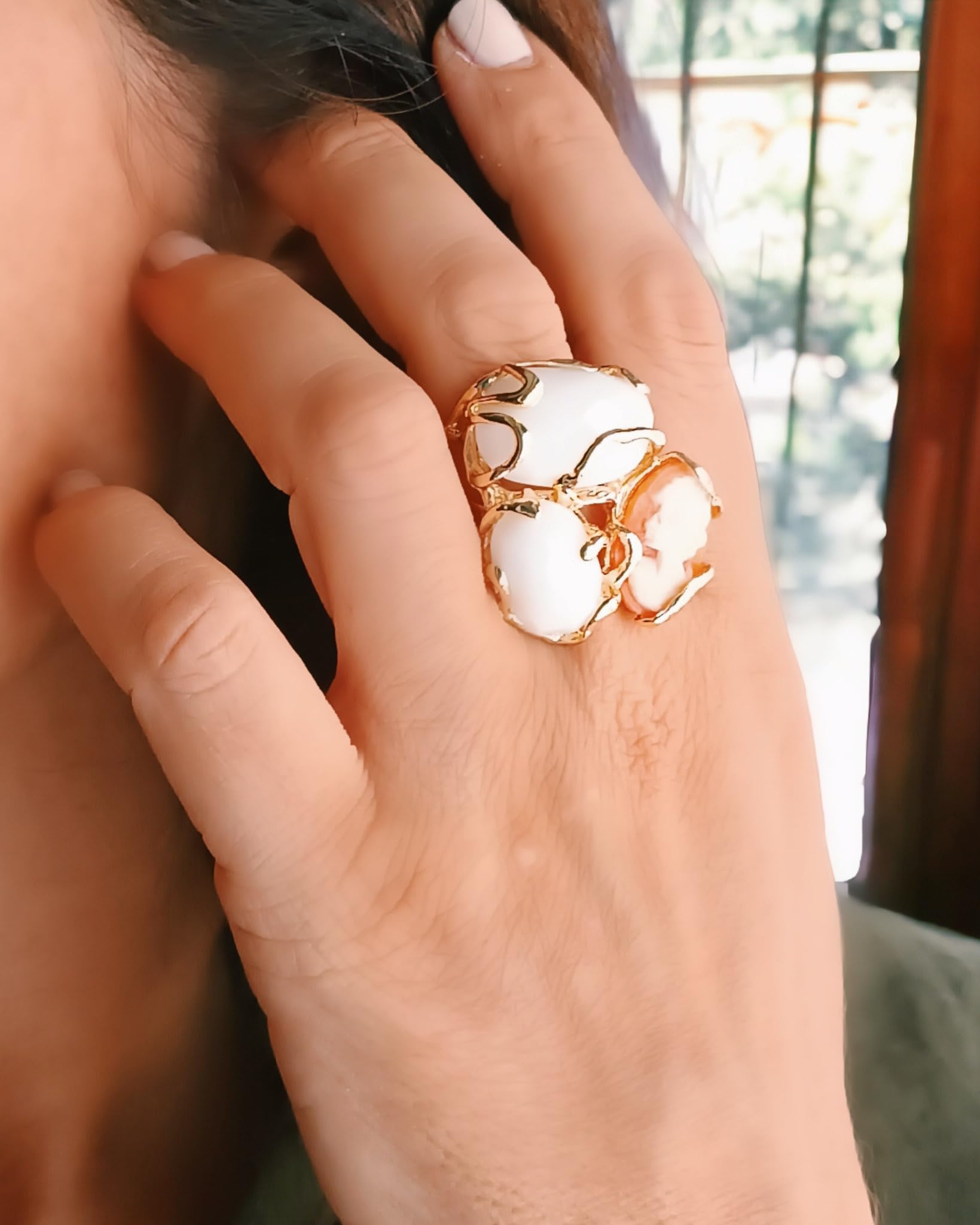 Anello Triplo con Agata Bianca e Cammeo Conchiglia
