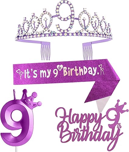 Vista 17 de Decoraciones de 7º cumpleaños para niña, incluyendo corona/tiara, banda, adornos para pastel de cumpleaños y velas del número 7, suministros de Rosa