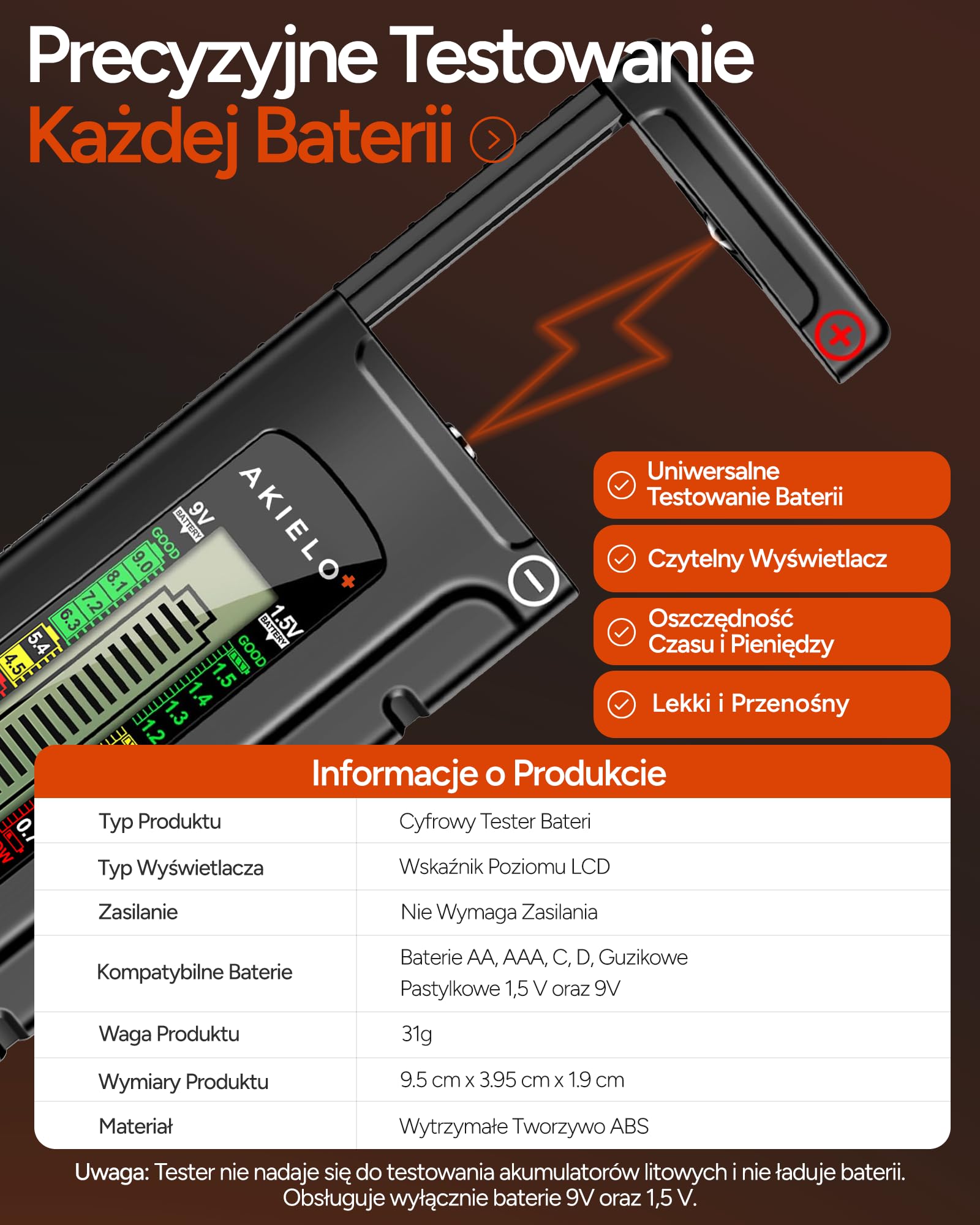 AKIELO+ Cyfrowy Tester Baterii – Łatwy do odczytu wyświetlacz LCD – Nie wymaga baterii – Uniwersalny domowy tester baterii do AA AAA C D 9V 1,5V Bateria guzikowa