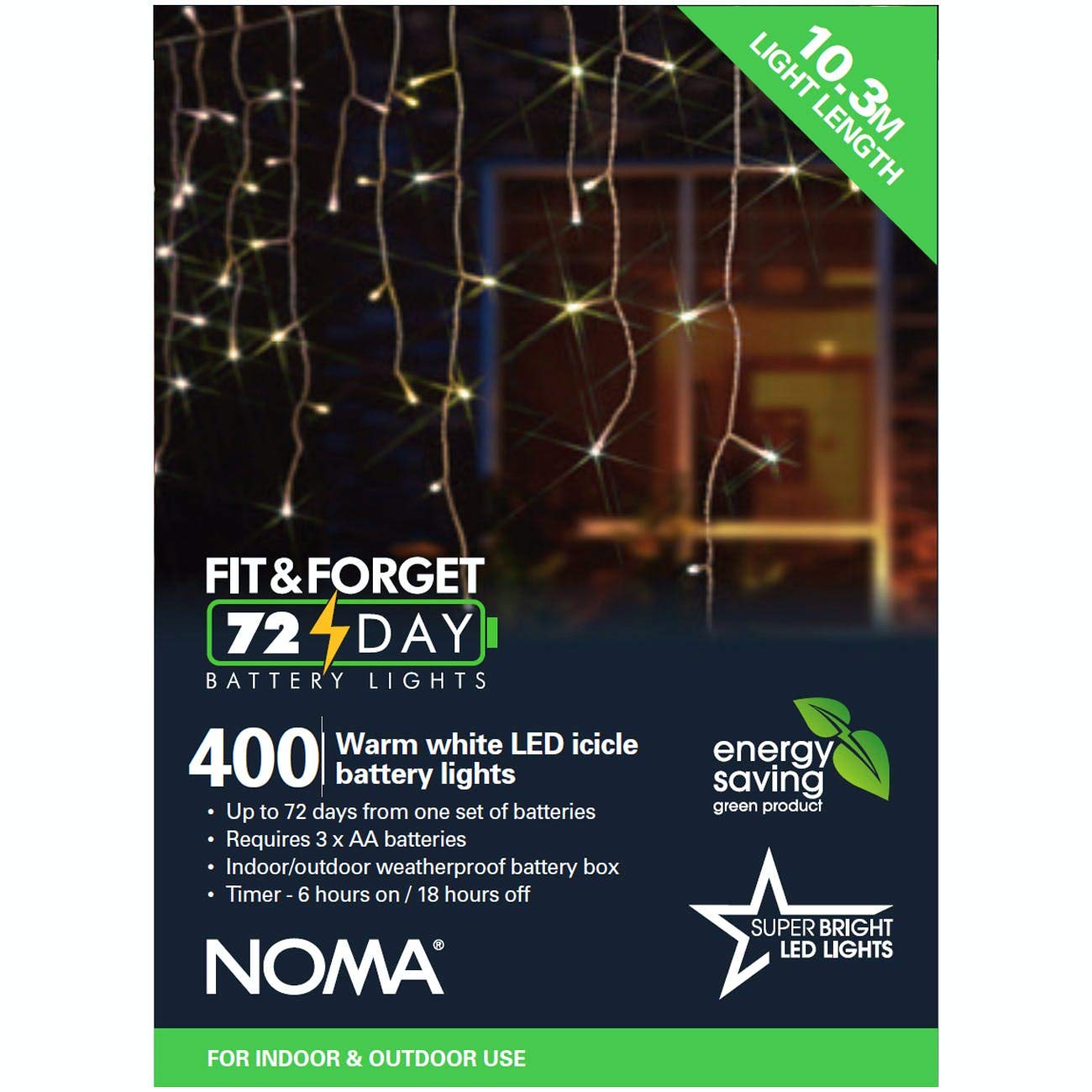 Noma @ Wowooo Warm White Noma Fit & Forget Battery 400 Led Icicle : Timer : Multifunction : Indoor/Outdoor : 6816015Wsw
