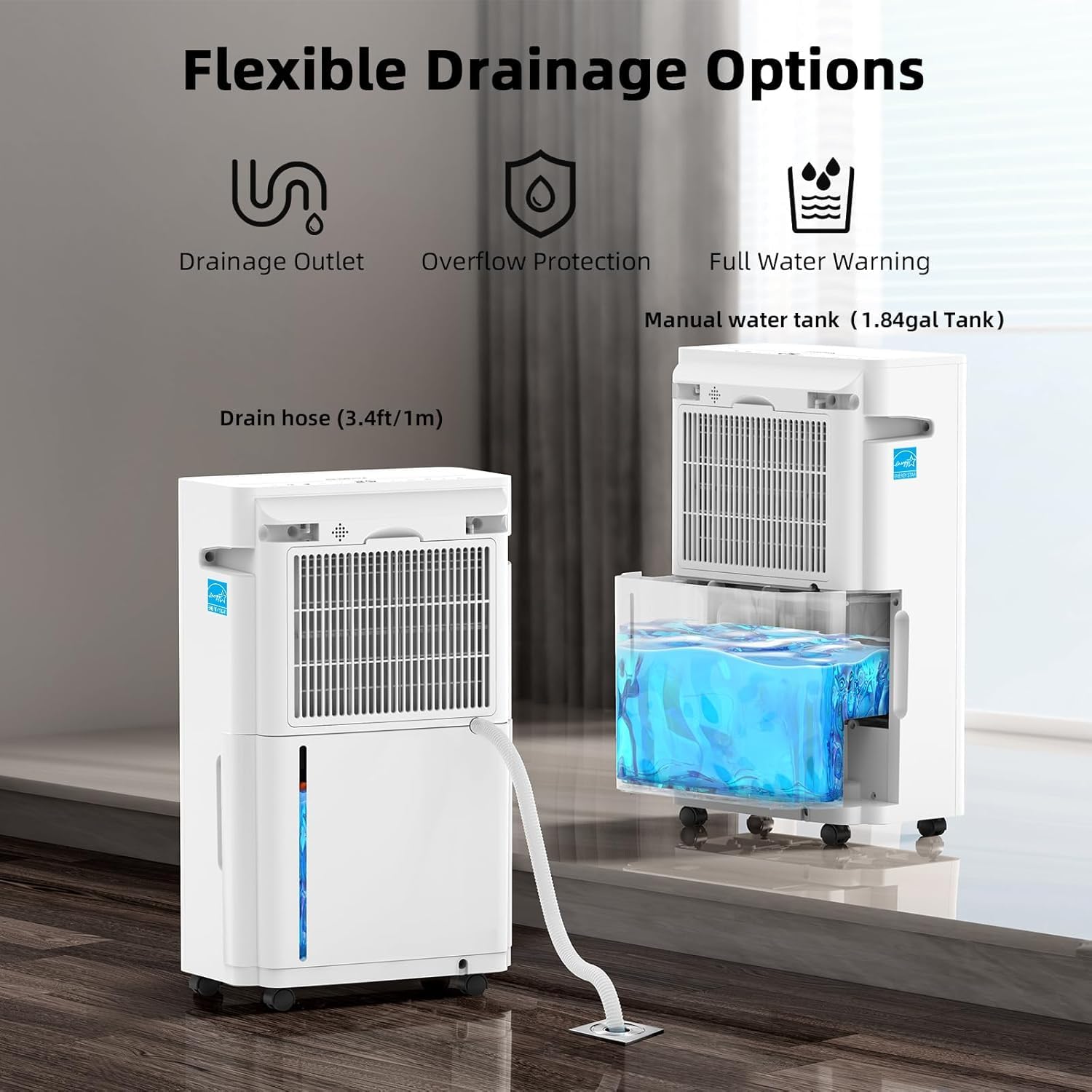 KeepGlad - Deumidificatore Energy Star da 80 pinte, 5.000 piedi quadrati, per tutta la casa e la cantina, deumidificatore a compressore con tubo di drenaggio, controllo avanzato dell'umidità e