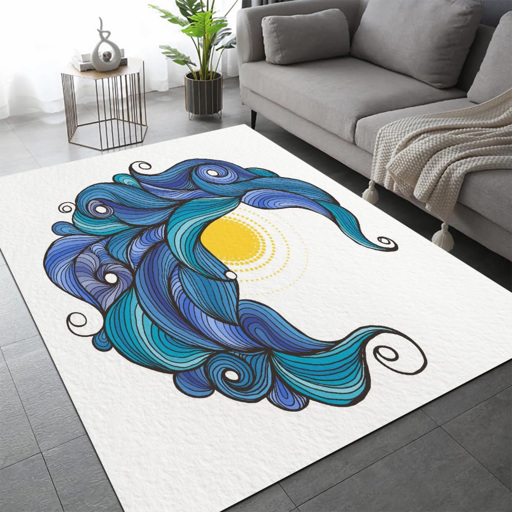 Tapis de Salon 100x150cm Vagues De Kanagawa Velours Cristal Doux Tapis Japon 3D Motif Tapis Chambre d'enfants Canapé Tapis avec Dos en Caoutchouc Antidérapant Carpettes