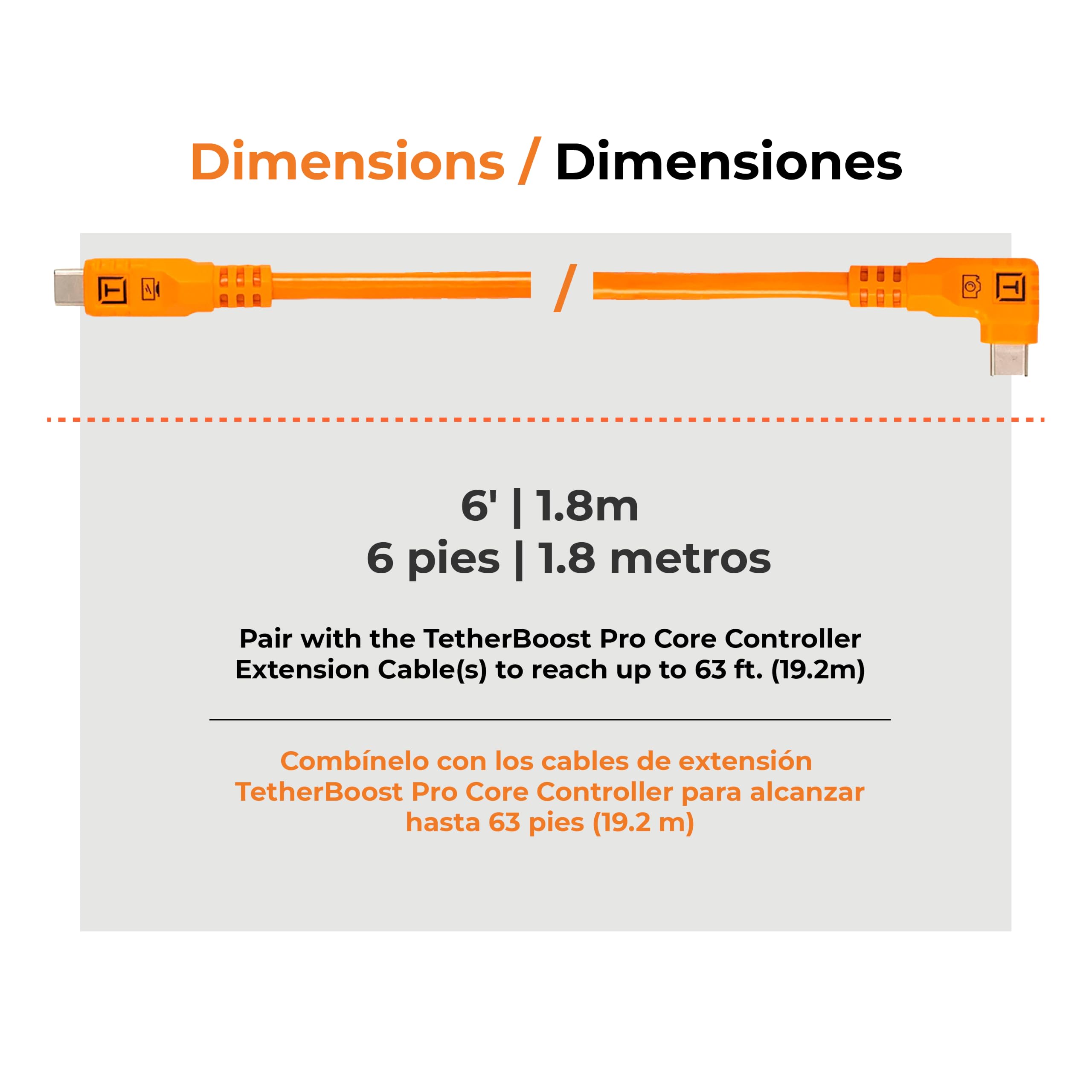 Tether Tools TetherPro Optima 10G USB Exclusive Data Transfer, cable recto a ángulo recto de 1,8 m, color naranja