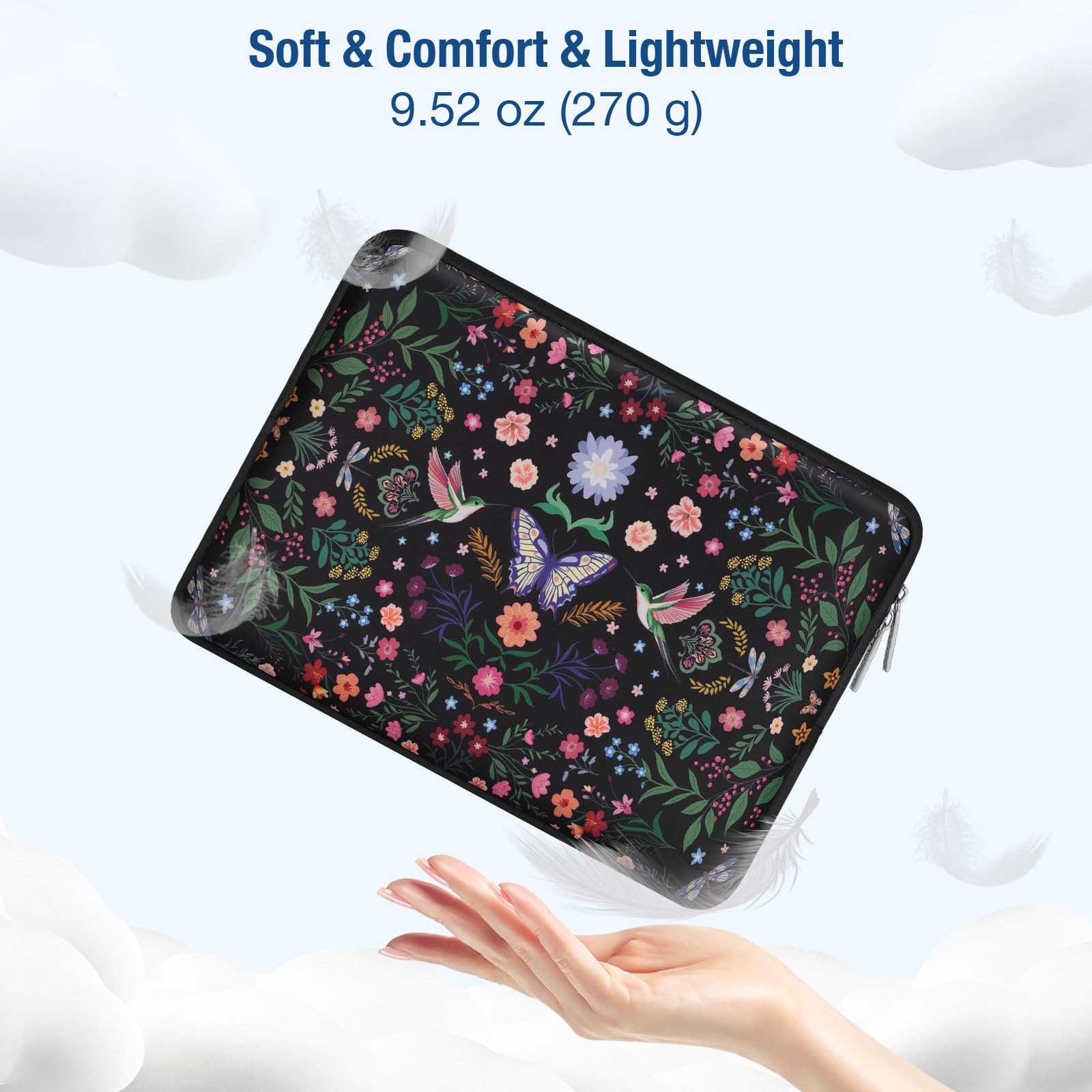 MOSISO 16 Pollici Custodia Laptop,15-15.6 Pollici Borsa PC Compatible con MacBook Pro 16,HP Acer Dell Lenovo ASUS Notebook,Borsa Computer Neoprene con Colibri,Piante&Fiori,con Custodia Piccola,Nero