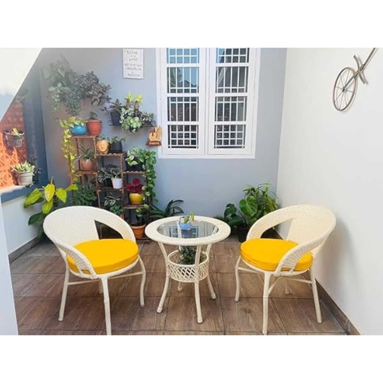 Furniture Outdoor Indoor Patio Set Bistro Set Rattan Chair Patio Set for Living Room Dining Room Lawn Balcony Outdoor Garden Chair Set with Glass Table (D-12 Cream & Yellow 2+1)-image-17