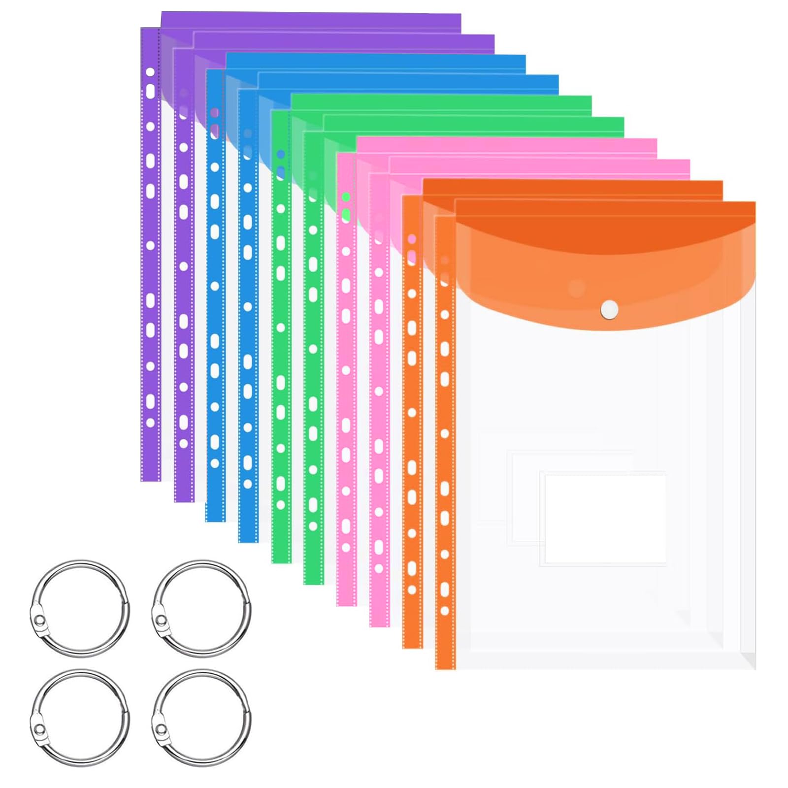 Plastic Wallets A4 Punched Pockets, 10 Pack Expandable File Folders Poly Pockets A4, Coloured Envelope with Label Pocket Snap Button for School Home Office Document Organization