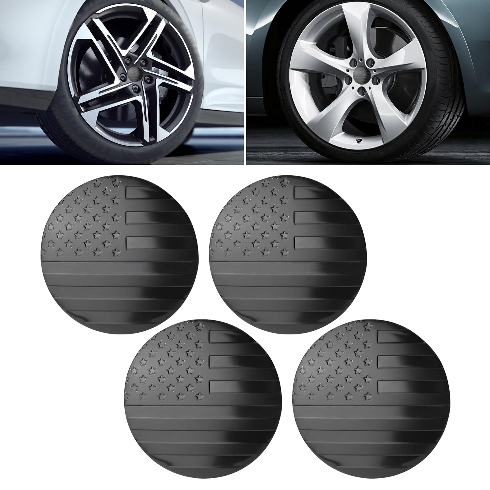 4 PCS Car Hubcap Decorative Sticker, 2.2" x 2.2" American Flag Patriotic Element Design Rim Center Protection Cover, Self-Adhesive Quick Installation Accessories, for Most Cars, SUVs (Black)