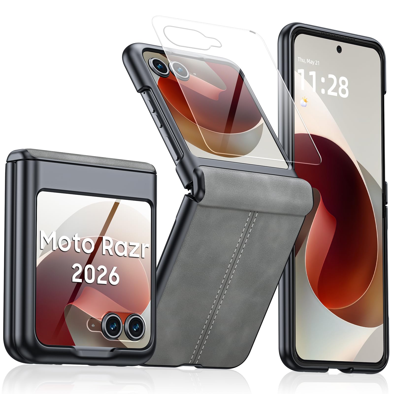 for Motorola Razr 2026 Case with Hinge Protection &amp; Built-in Outer Screen Protector, Ultra-Thin PU Leather Matte PC Shockproof Cover, Slim Protective Phone Case for Moto Razr 2026-Gray