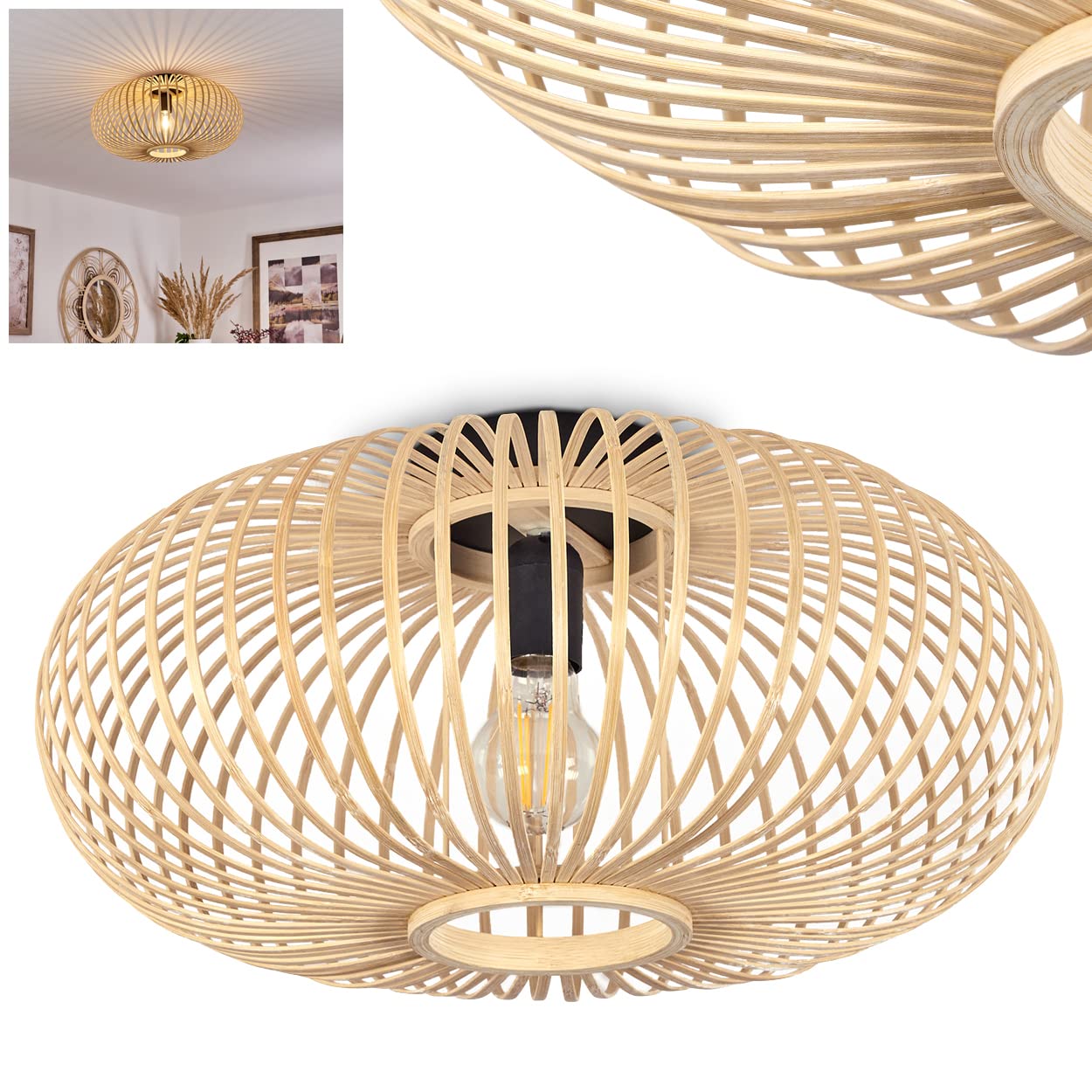 HOFSTEIN Deckenleuchte Oravi, Deckenlampe aus Metall/Holz/Bambus in Schwarz/Natur, Leuchte im Boho/skandinavischen-Design mit tollem Lichteffekt, Ø 45 cm, E27, Wohnzimmer, Esszimmer, Schlafzimmer