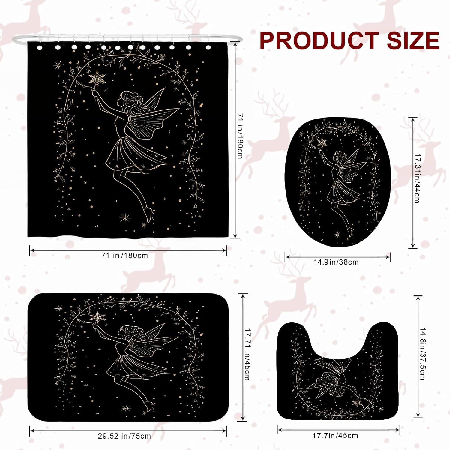 4PCS Fantasy Magic Christmas Fairy Bathroom Sets, Bath Accessory with Non-Slip Rug, U Shape Toilet Lid Cover Mat, Fun Aesthetic Retro Xmas Bathroom Decor-72''x72''