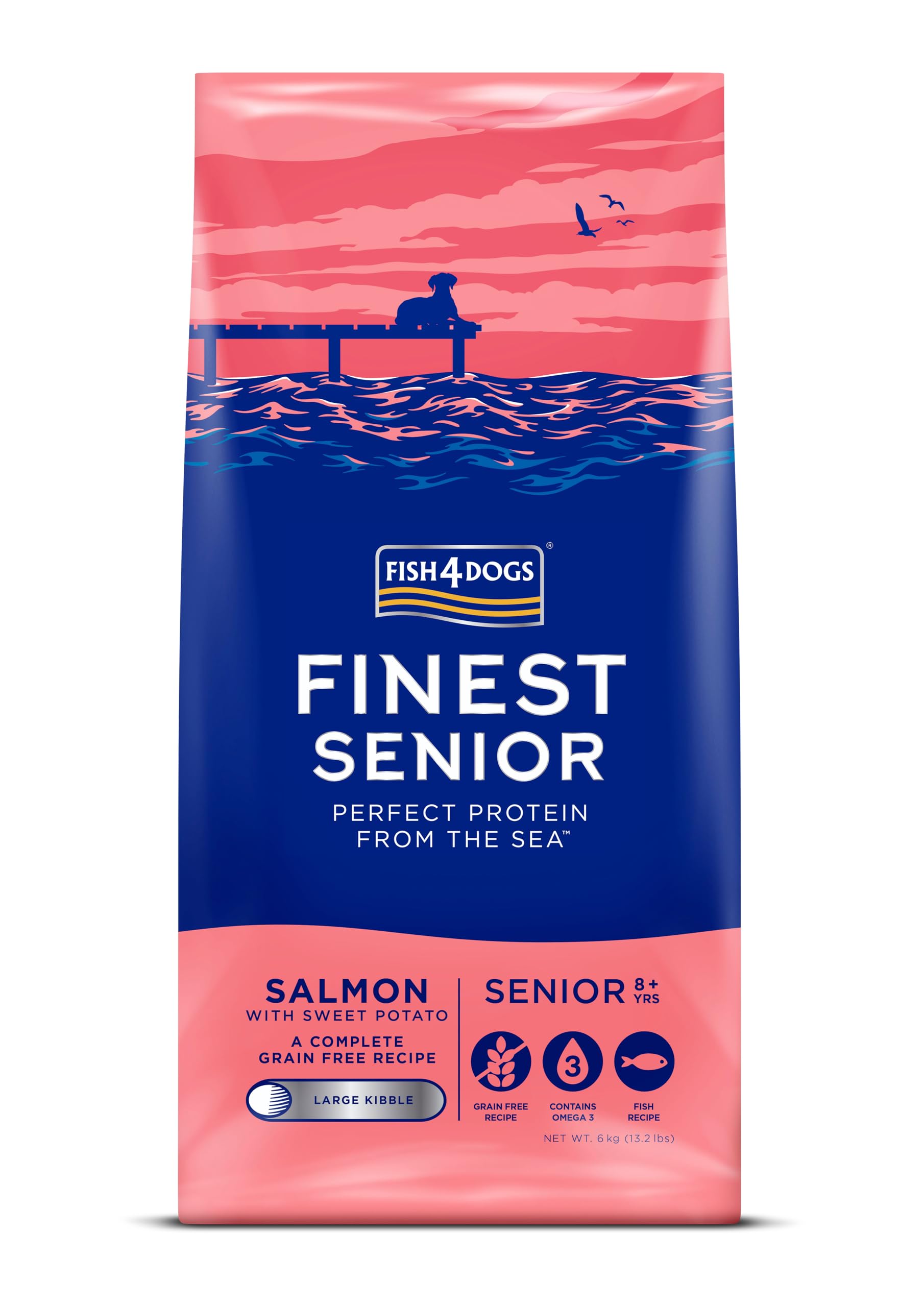 Fish4Dogs Finest Salmon and Sweet Potato Senior Dog Food | Natural, Hypoallergenic Dog Food | Great for Healthy Skin and Coat | Rich in Omega 3, 6 and 9 (Large Kibble - 6kg)